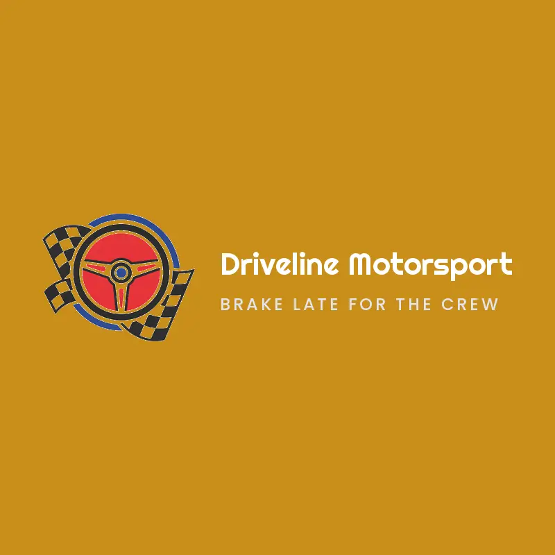 A retro racing flag and steering wheel mark on amber with a wide motorsports wordmark.