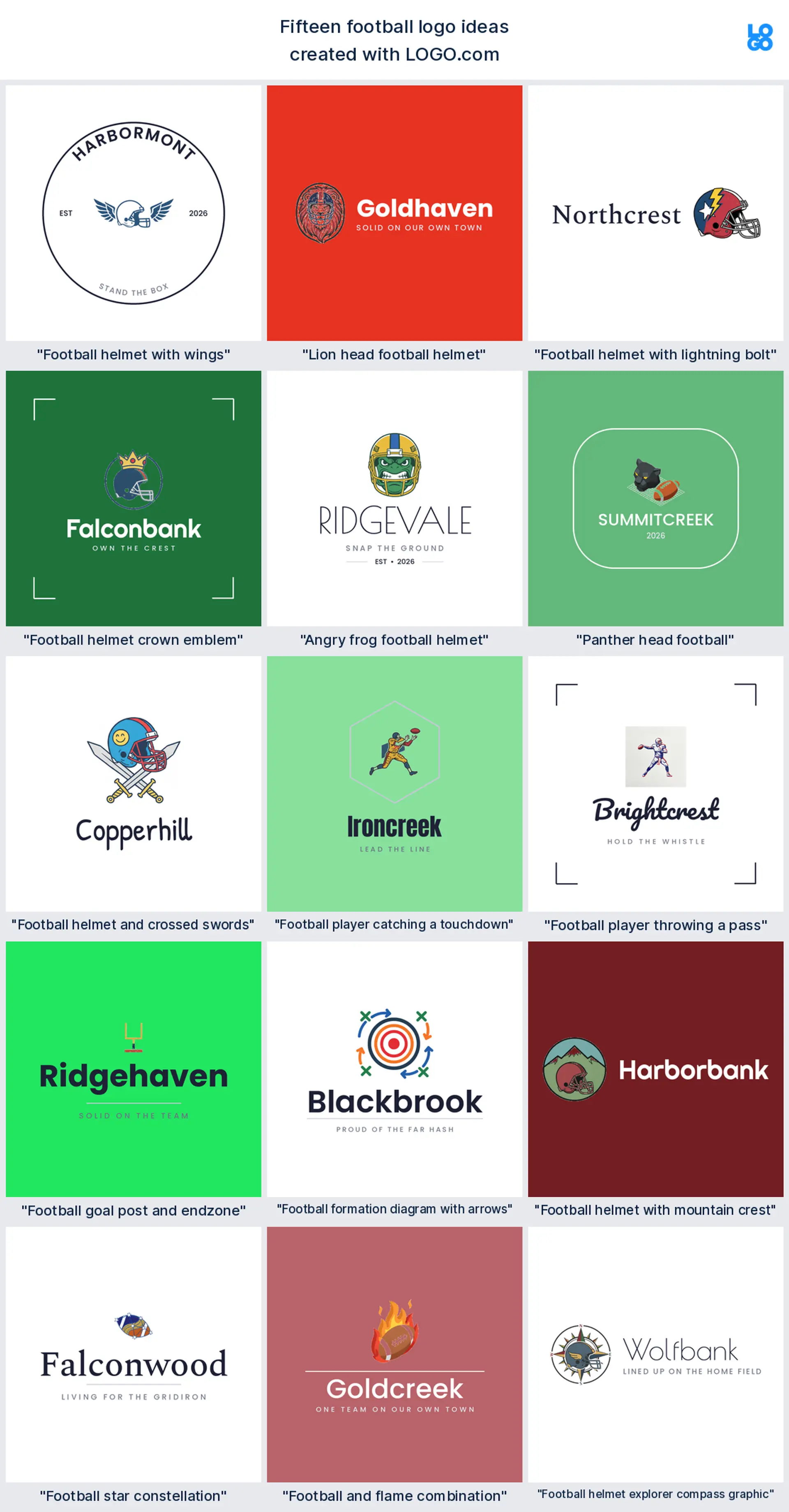 Fifteen football logo ideas shown across nine LOGO.com styles
