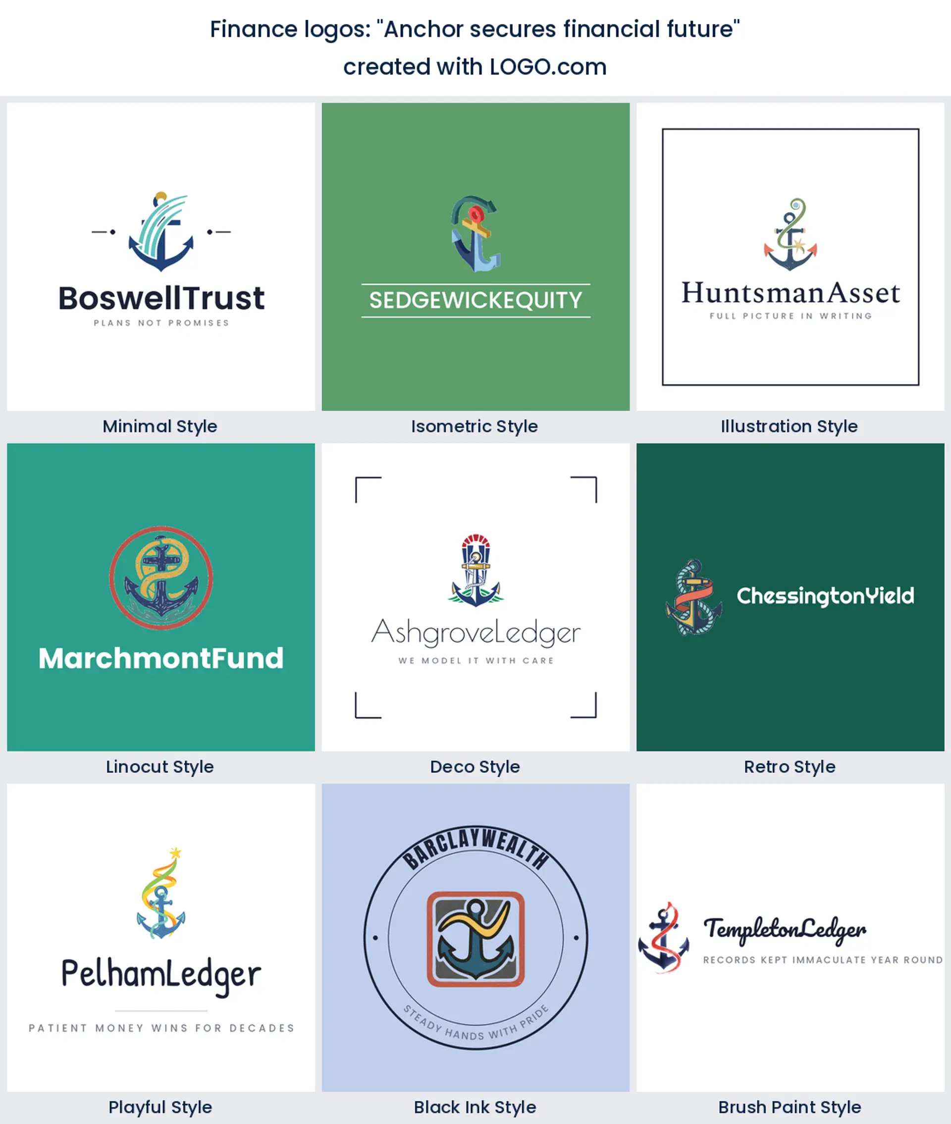 Nine styles of financial logo with an anchor drawn over a single stroke