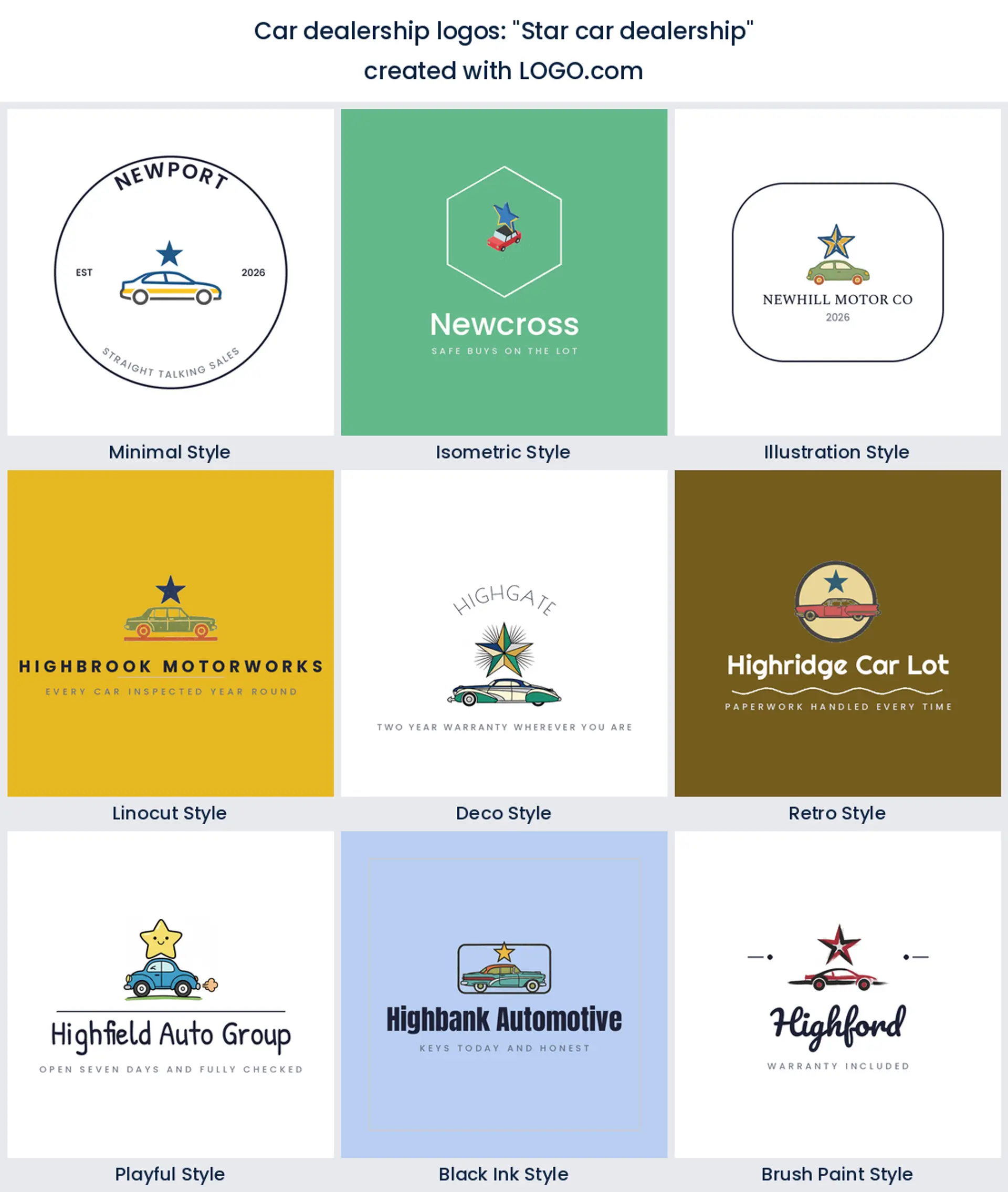 Star and car dealership logo in nine styles