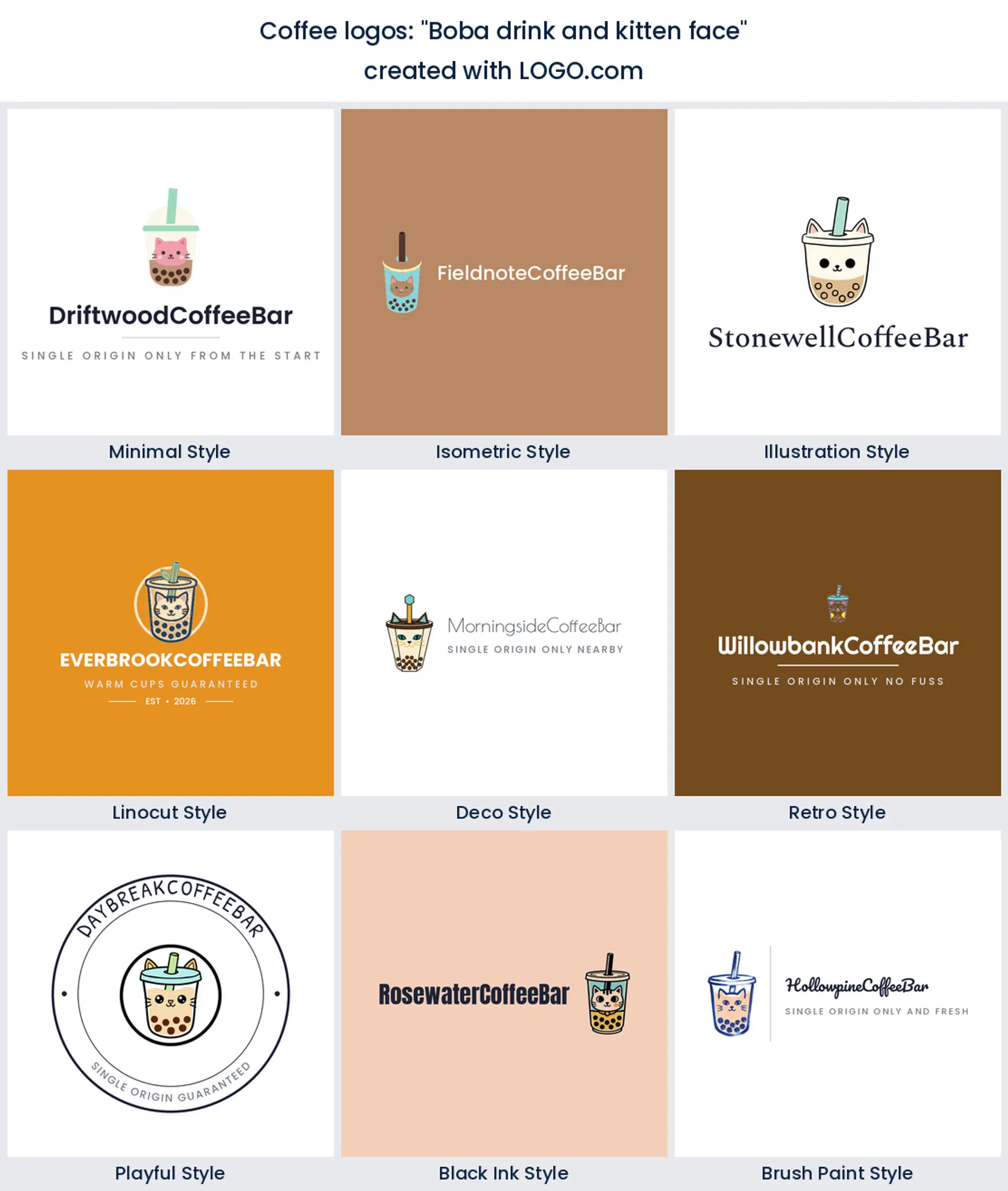 Boba drink and kitten face coffee logo idea shown in nine LOGO.com styles