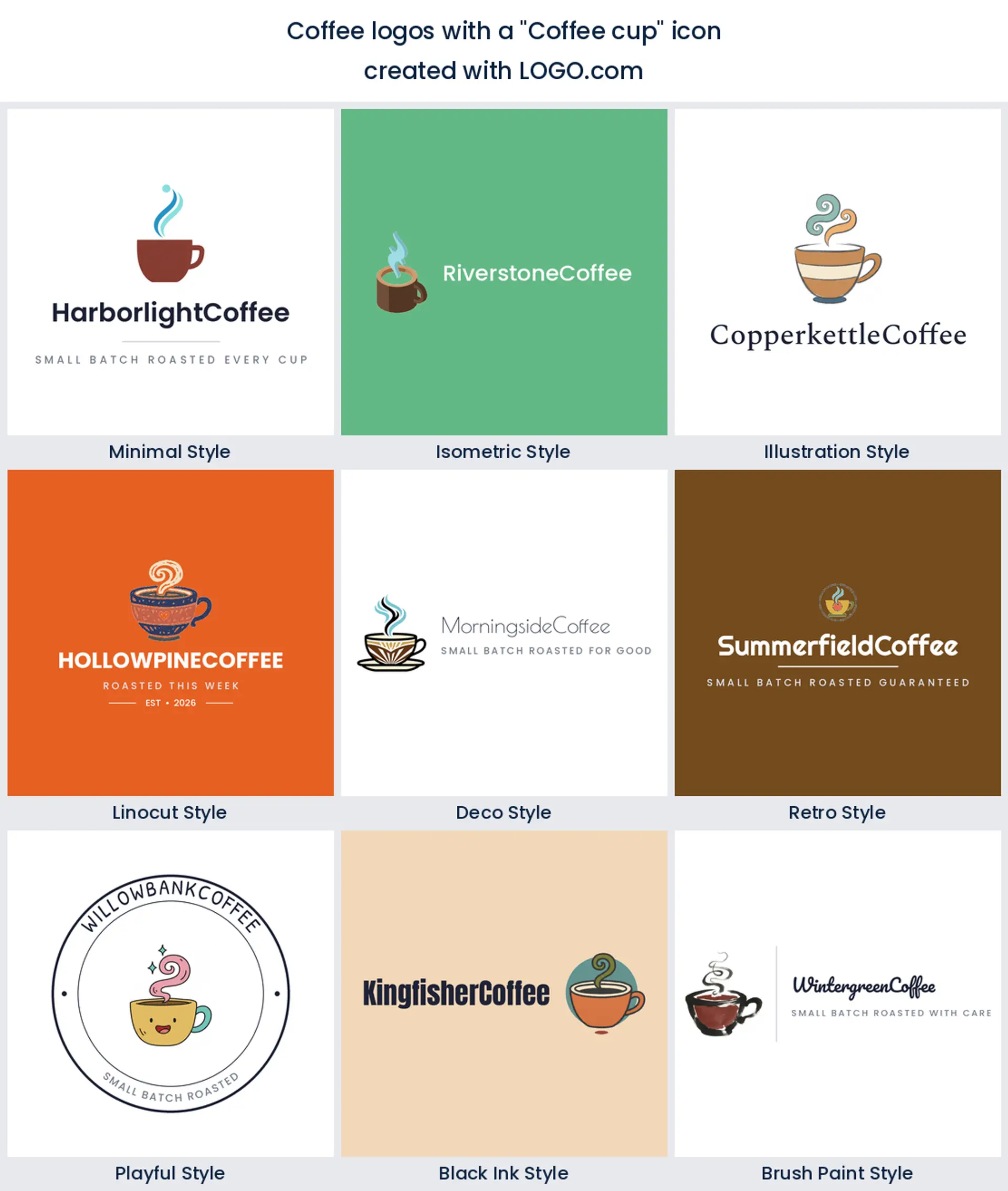 Coffee cup coffee logo shown in nine LOGO.com styles