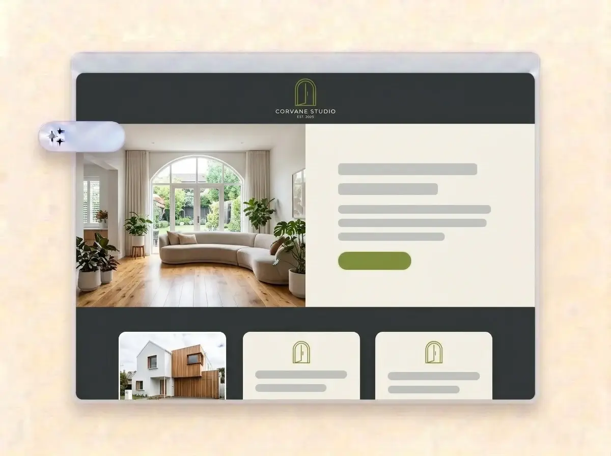 Finished Corvane Studio website built by LOGO.com from the uploaded logo, with a bright living room under an arched window in the hero photo