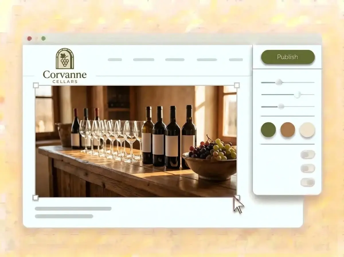 Editing the Corvanne website with a photo of a tasting bar and wine glasses selected, the style panel open and the olive Publish button ready
