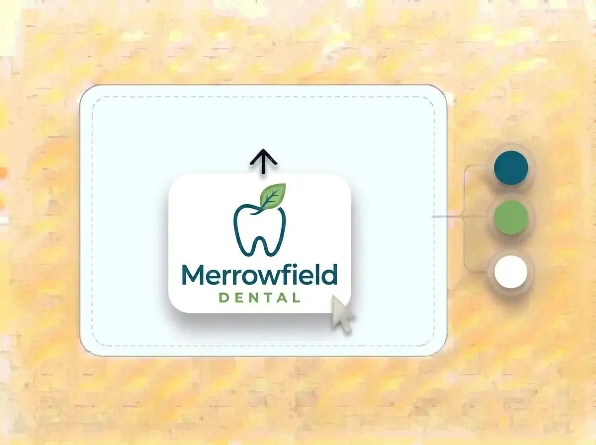 Merrowfield Dental logo, a teal tooth outline with a small green leaf, on a white card dropped into the LOGO.com upload box with its colors pulled out as swatches