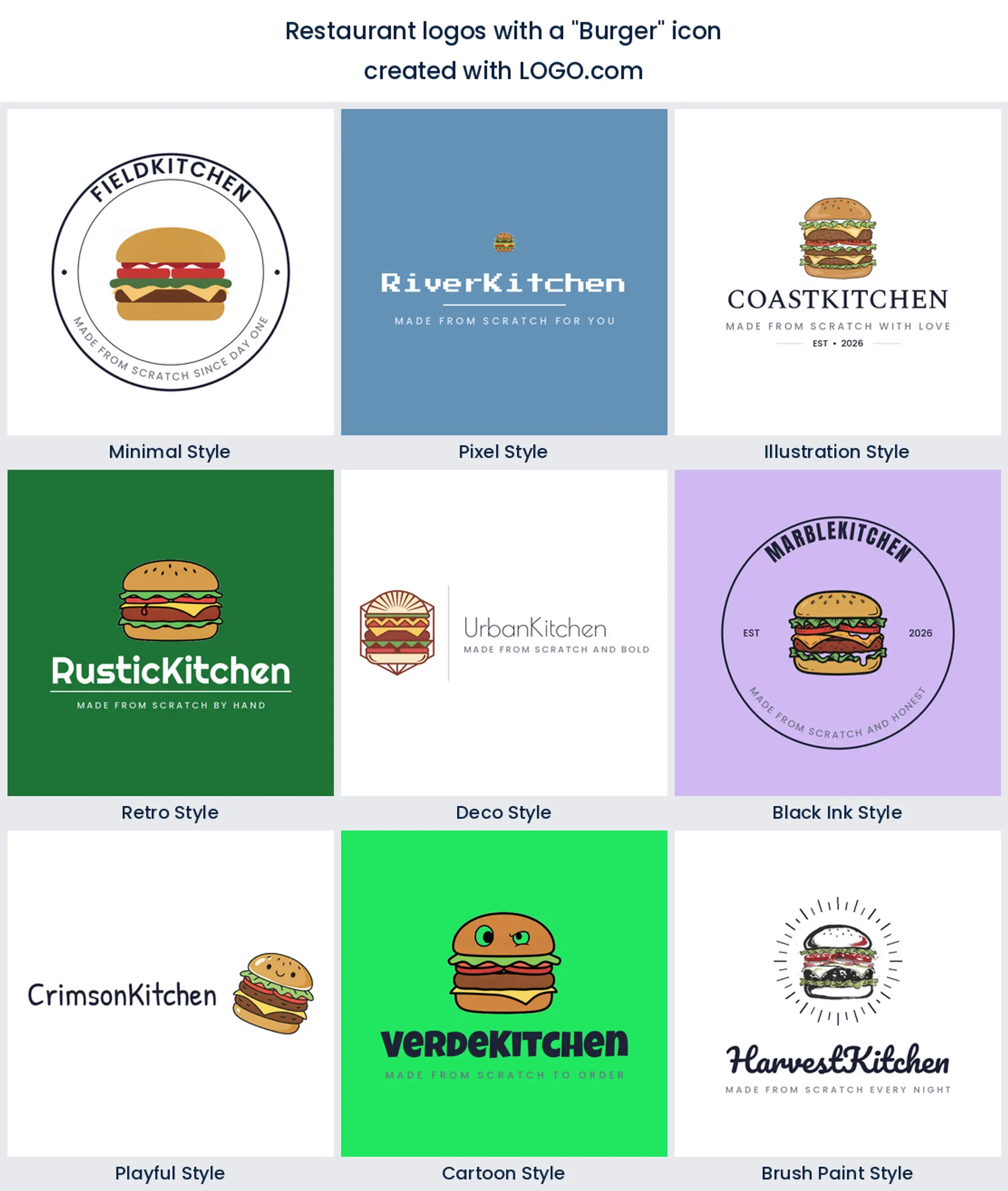 Burger restaurant logo shown in nine LOGO.com styles.