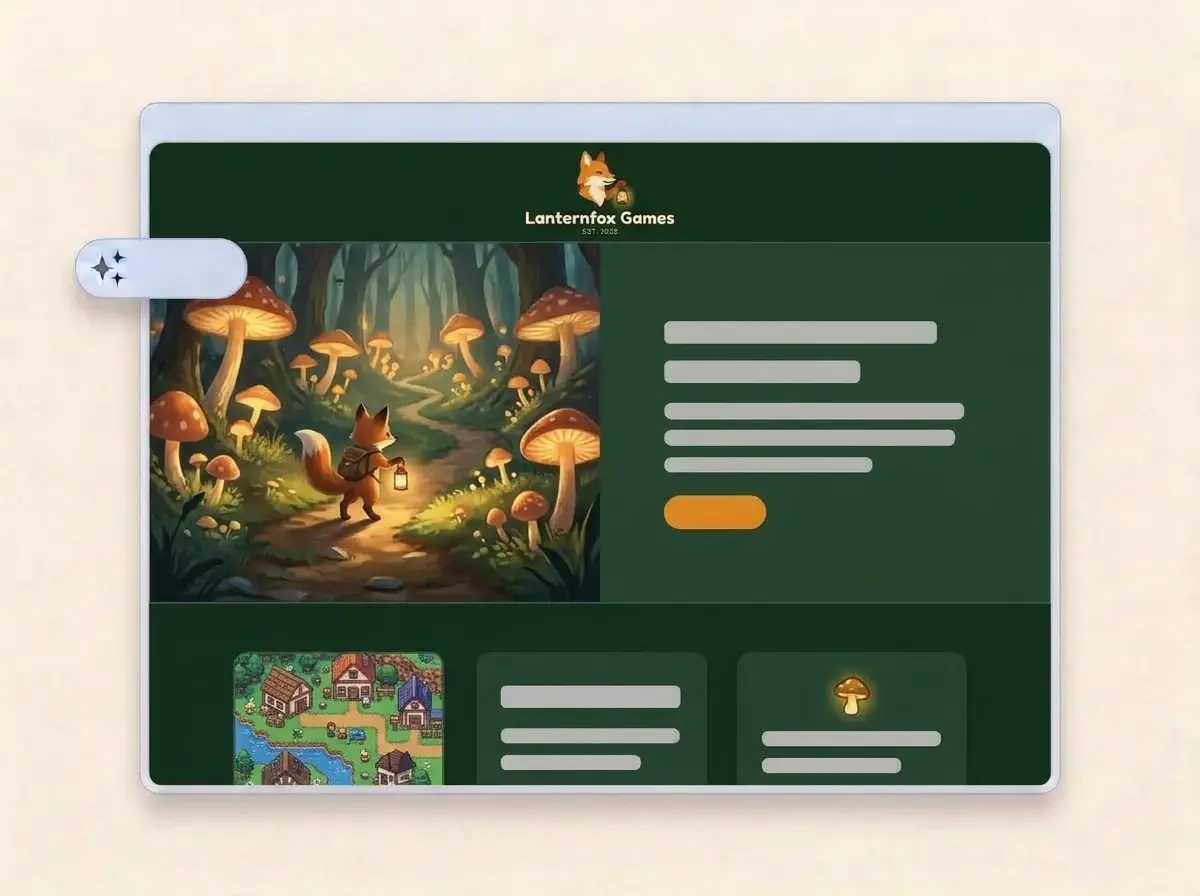 Finished Lanternfox Games website built by LOGO.com from the uploaded logo, with key art of a fox adventurer in a glowing mushroom forest in the hero and a pixel art village thumbnail