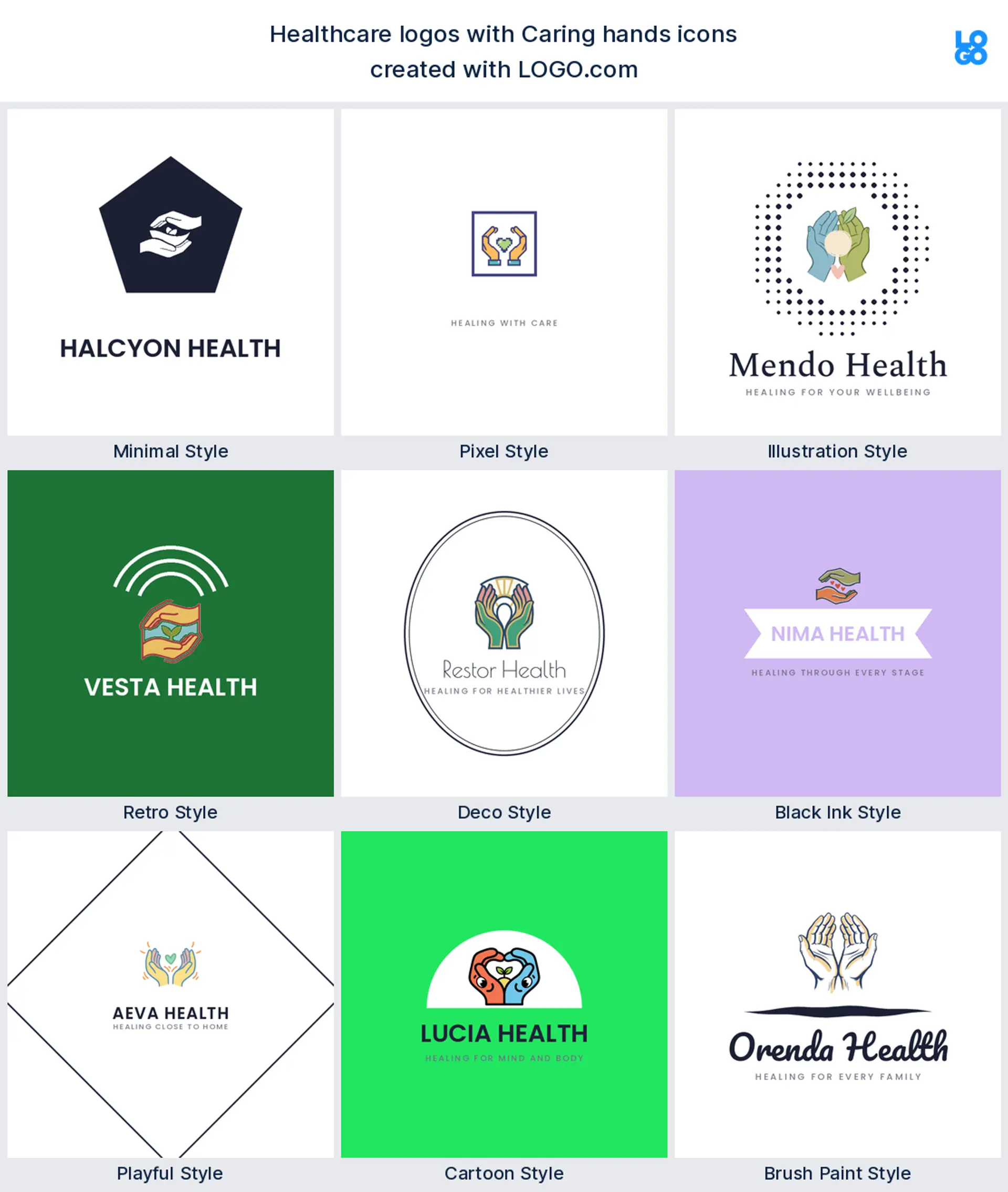 Caring hands shown across nine LOGO.com healthcare logo styles