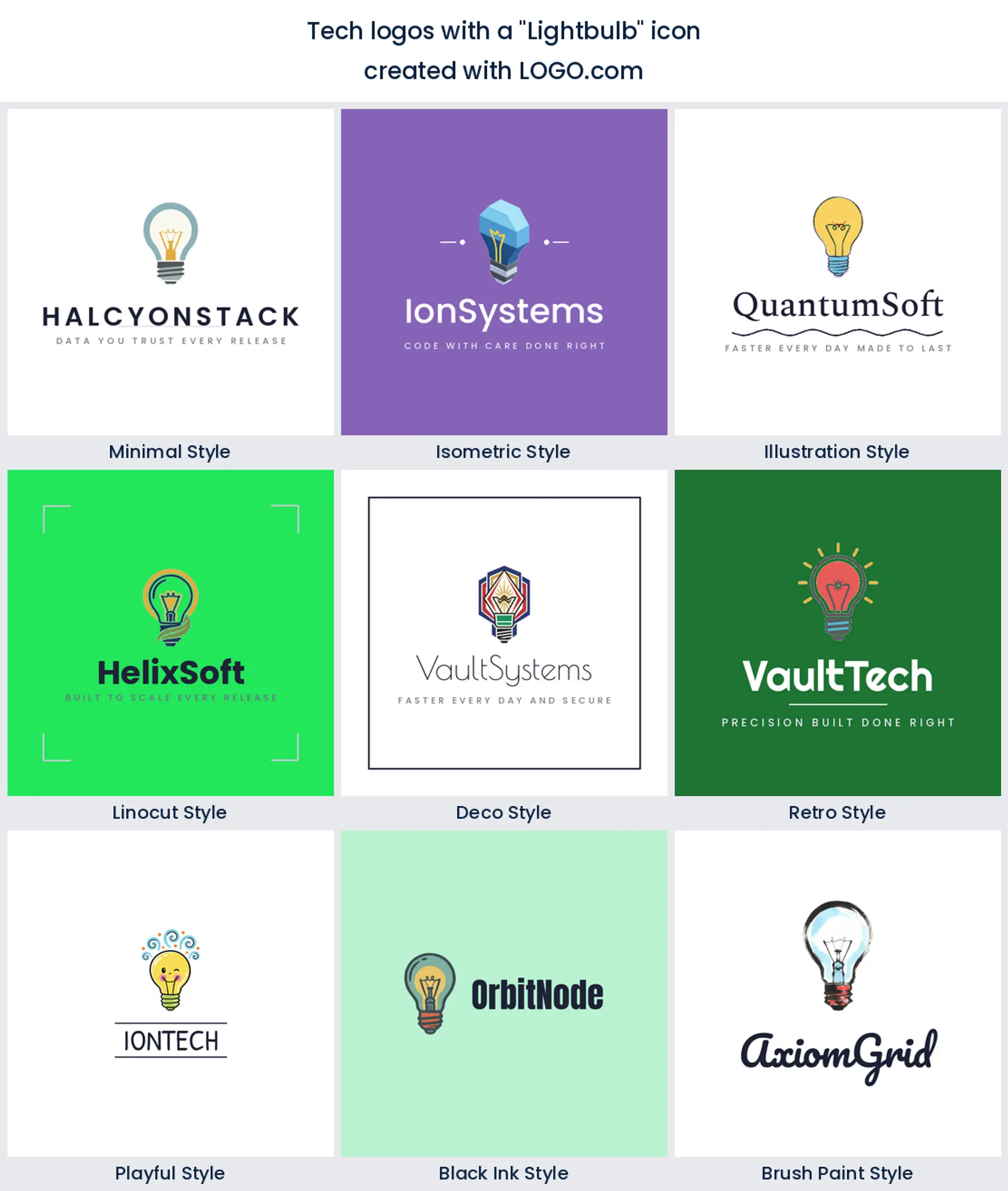Lightbulb tech logo shown in nine LOGO.com styles.