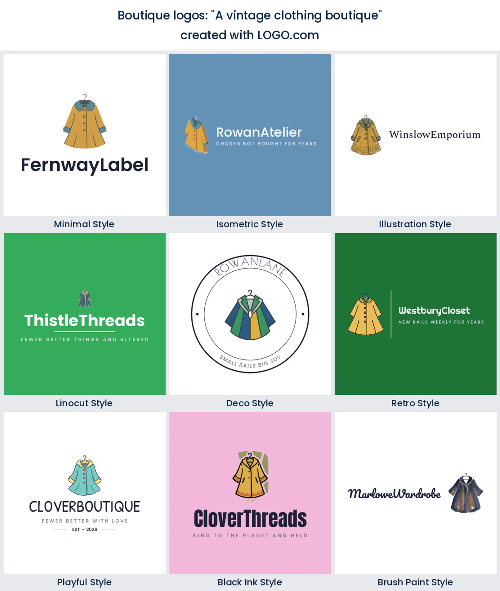 Vintage clothing boutique logo shown in nine LOGO.com styles
