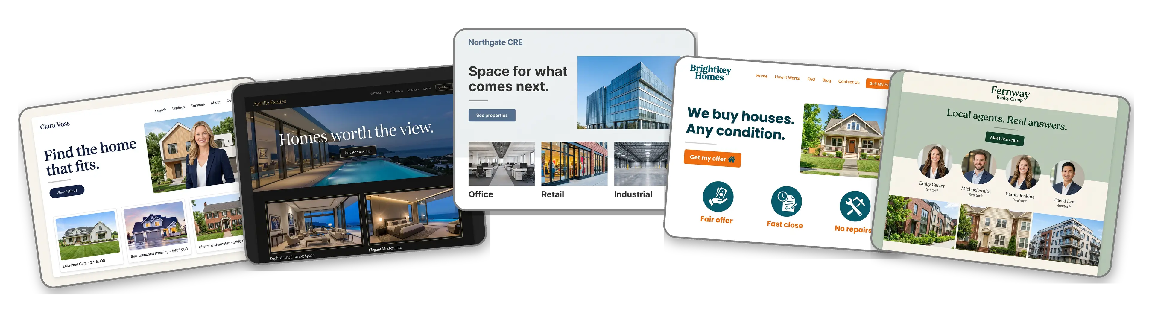 Five real estate websites built with LOGO.com from a logo upload: a realtor, a luxury homes agency, a commercial real estate firm, a real estate investor and a brokerage team