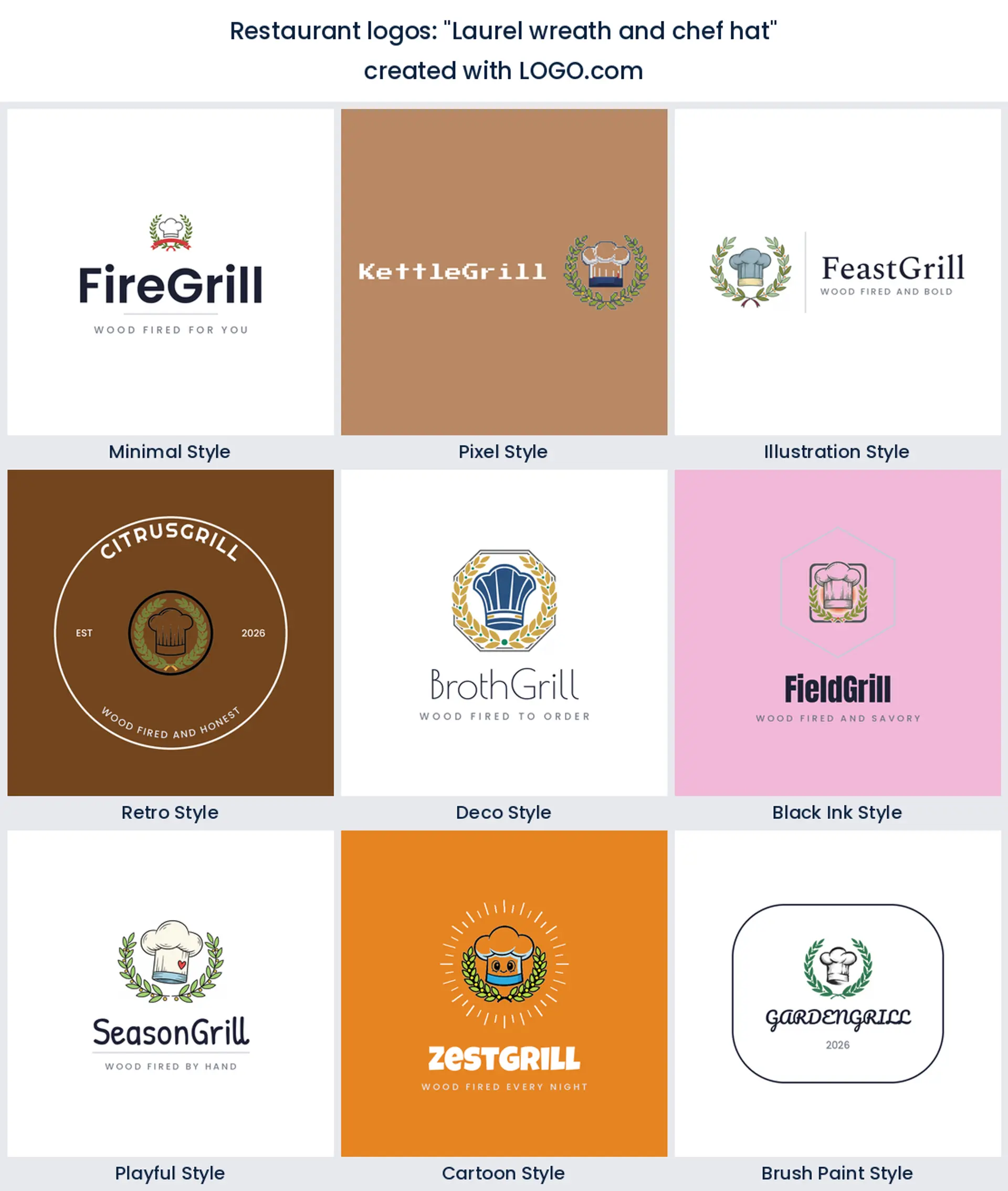 Laurel wreath and chef hat restaurant logo in nine styles.