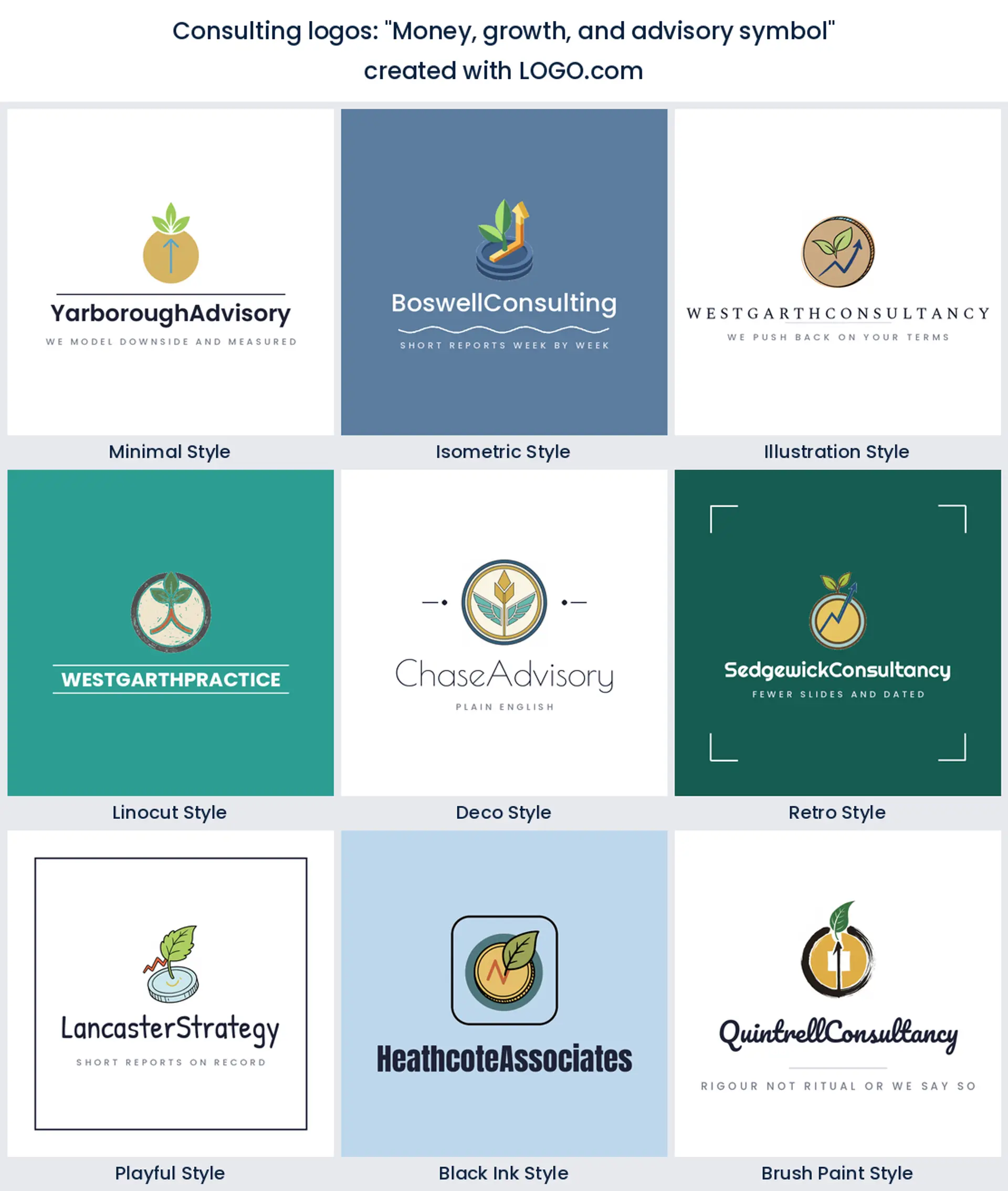 Nine styles of consulting logo with a coin, a sprouting leaf and a rising line