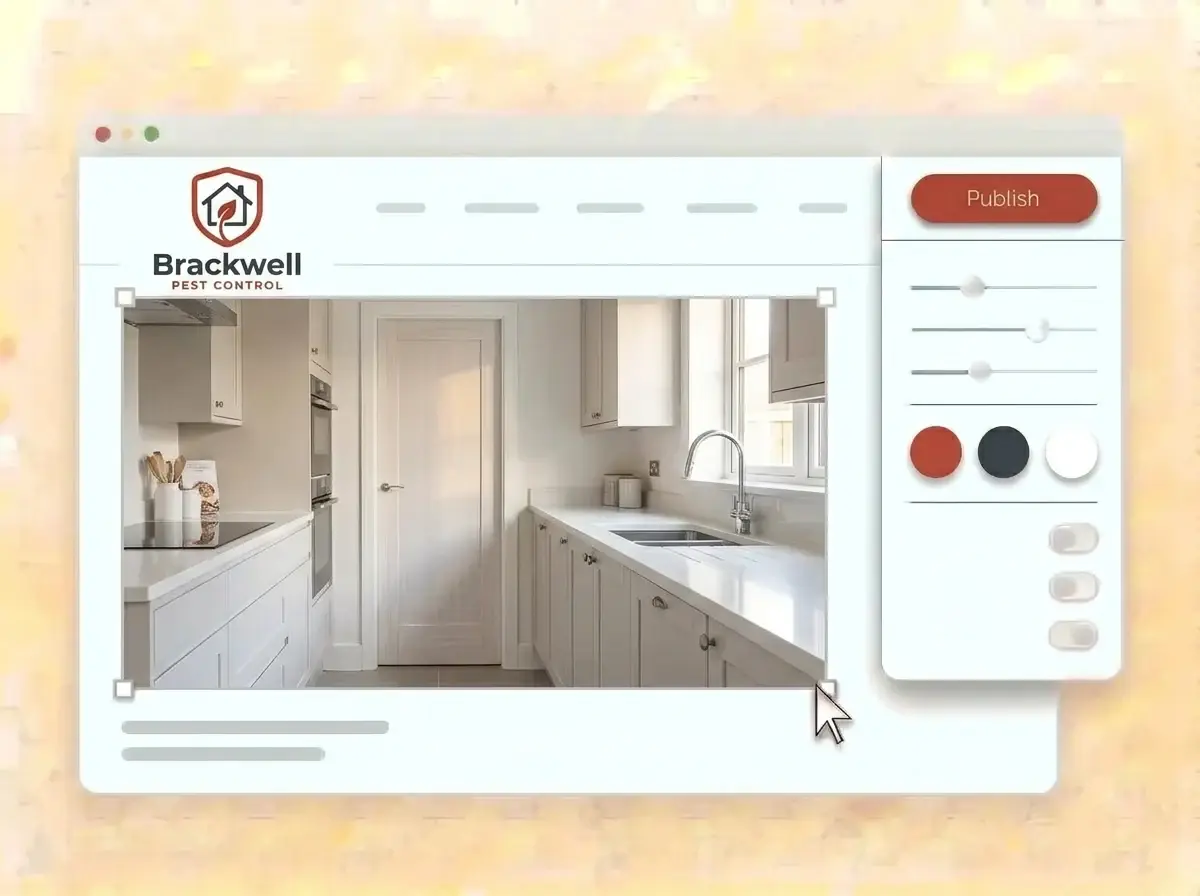 Editing the Brackwell website with a photo of a clean kitchen and pantry selected, the style panel open and the red Publish button ready