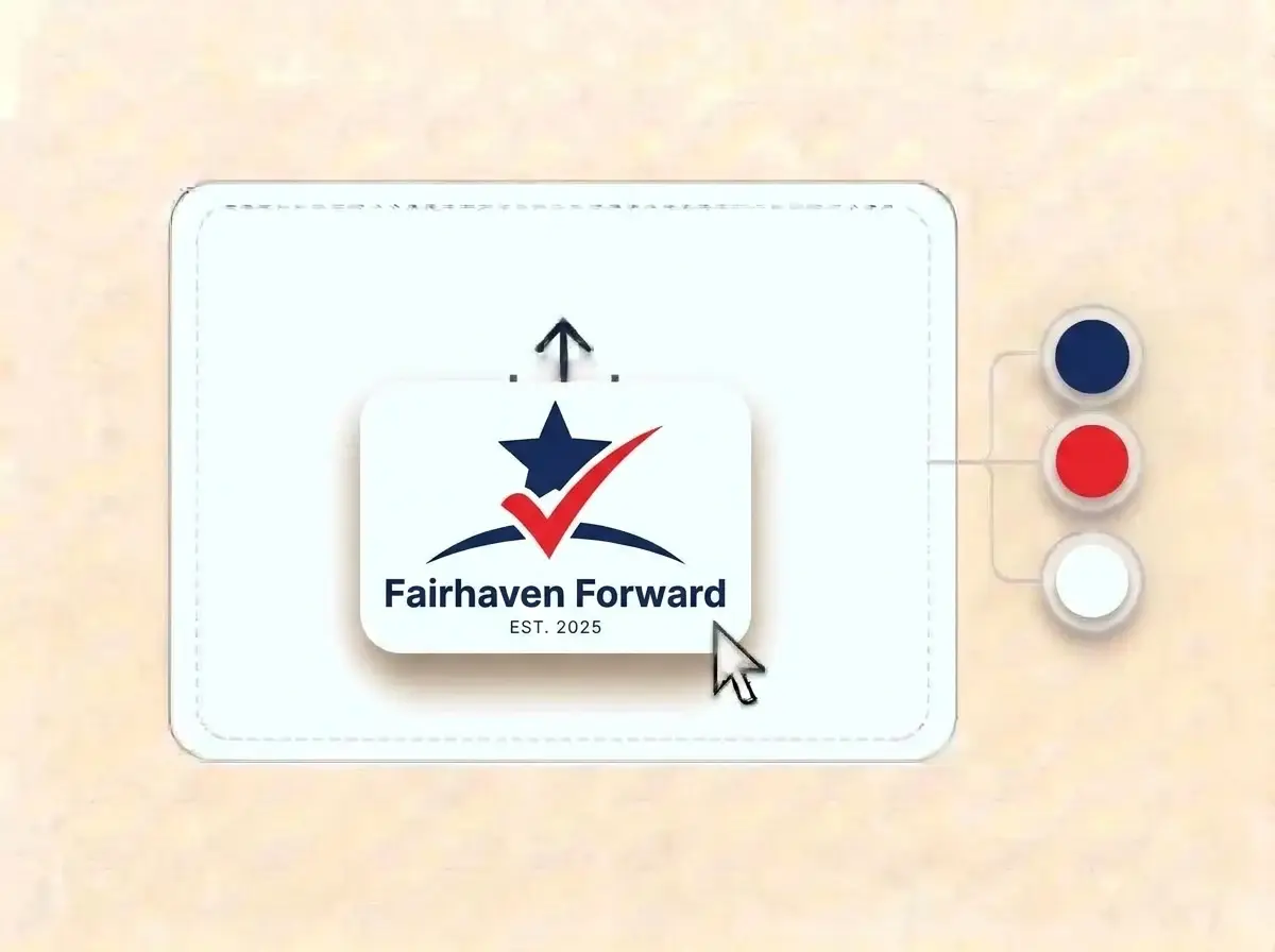 Fairhaven Forward campaign logo, a navy star rising over a red checkmark on a white card, dropped into the LOGO.com upload box with its colors split into swatches
