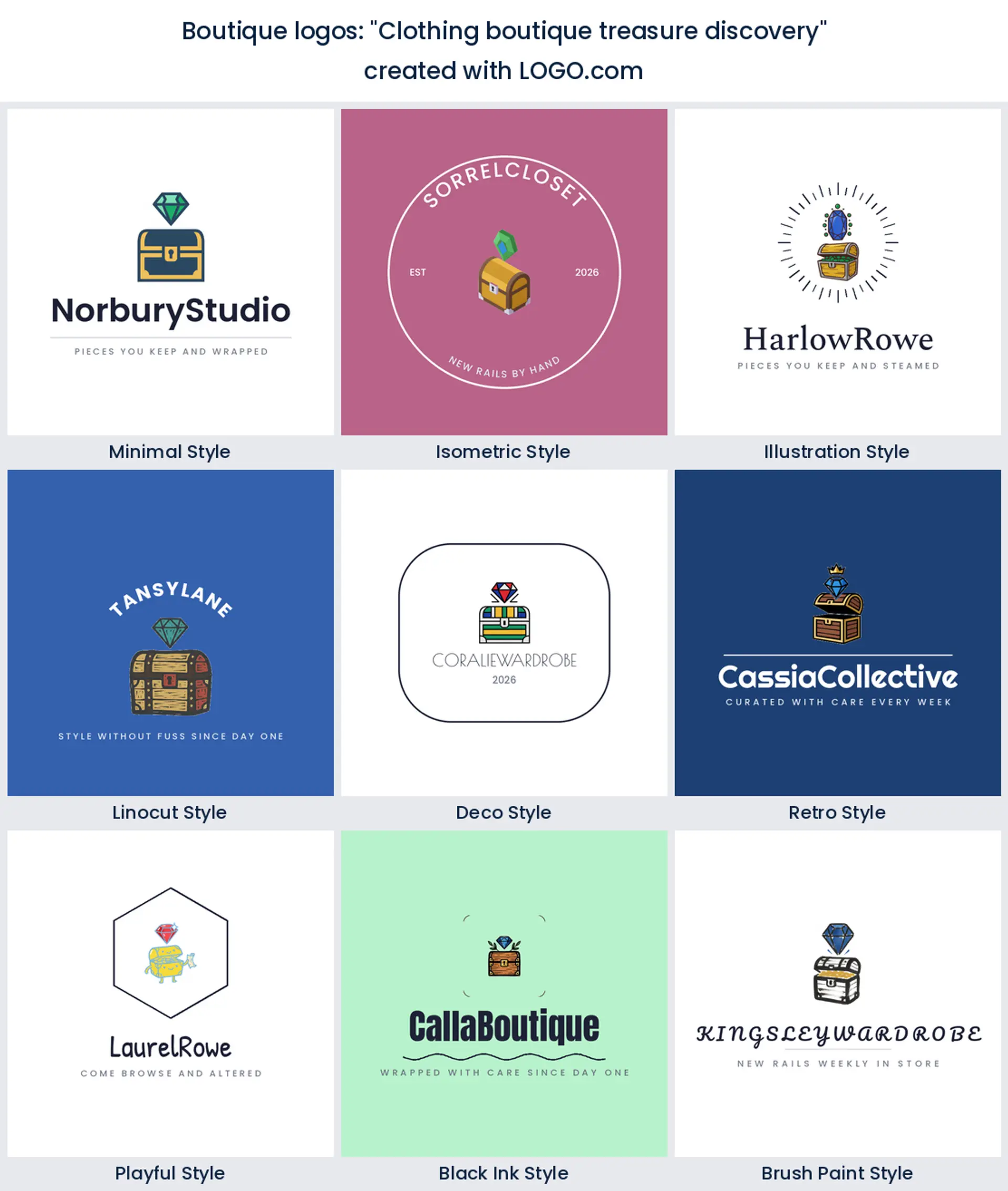 Treasure discovery boutique logo shown in nine LOGO.com styles