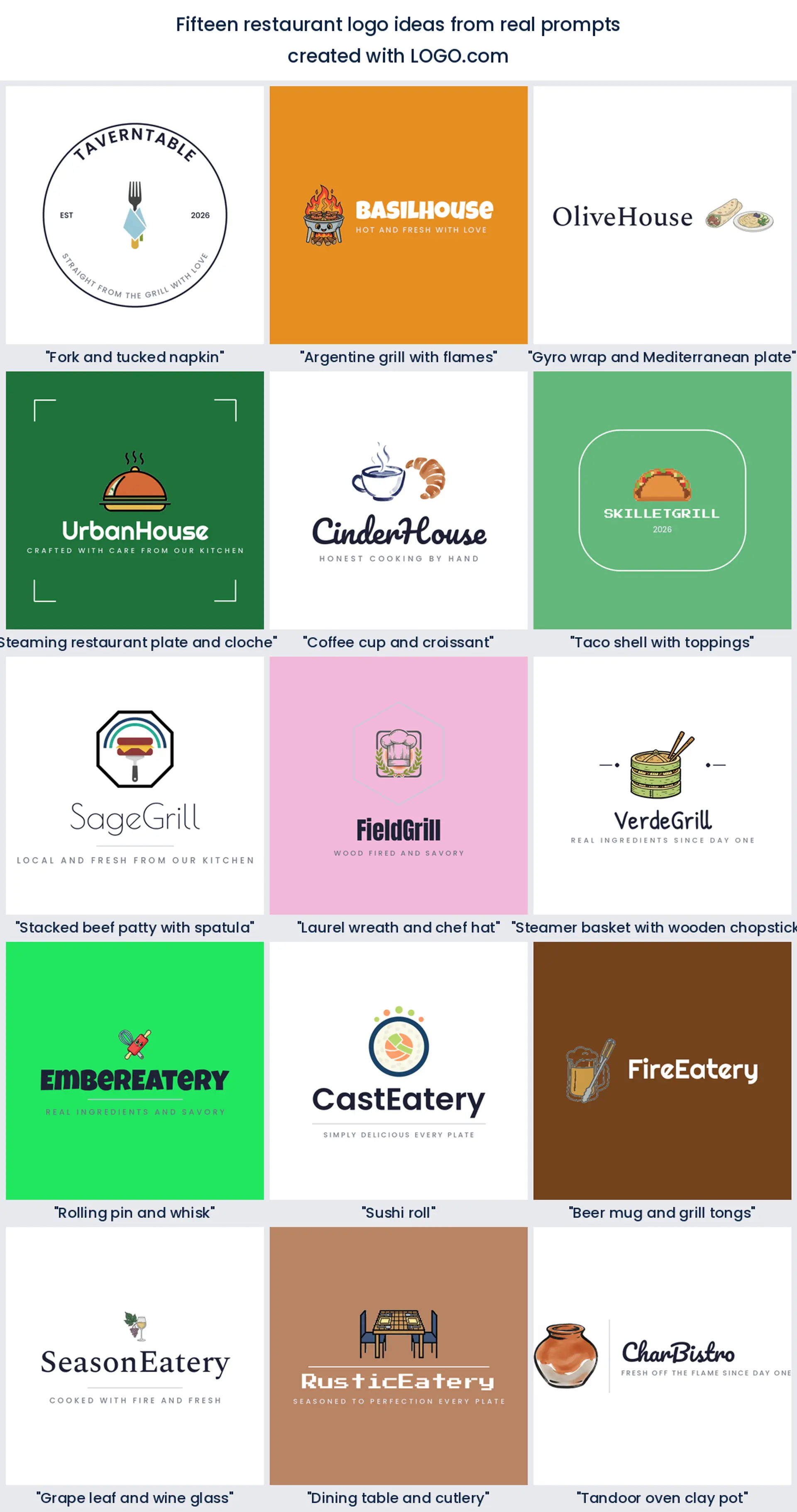 Fifteen restaurant logo ideas shown across nine LOGO.com styles.