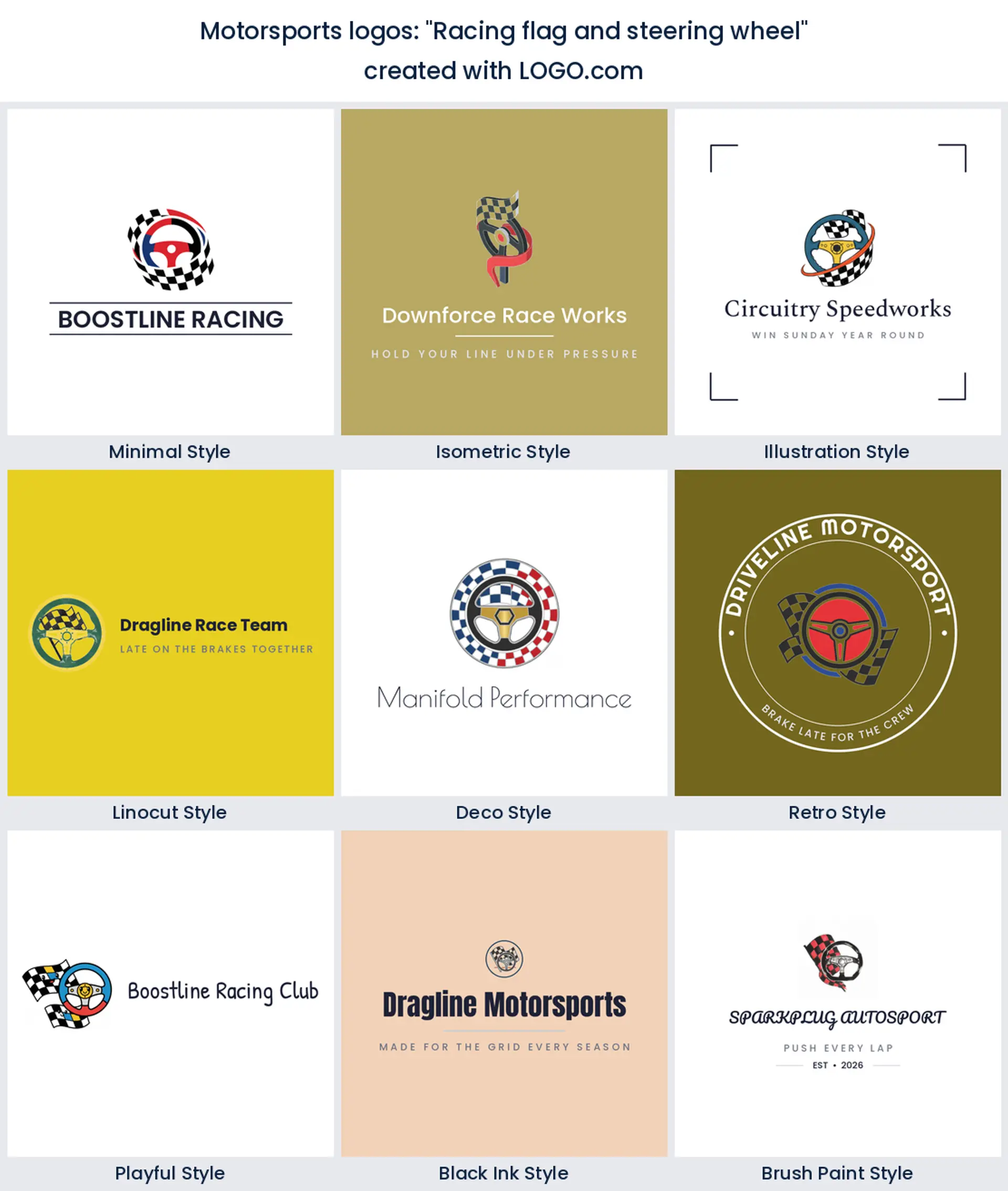 Nine racing logos of a flag paired with a steering wheel, rendered in nine styles.