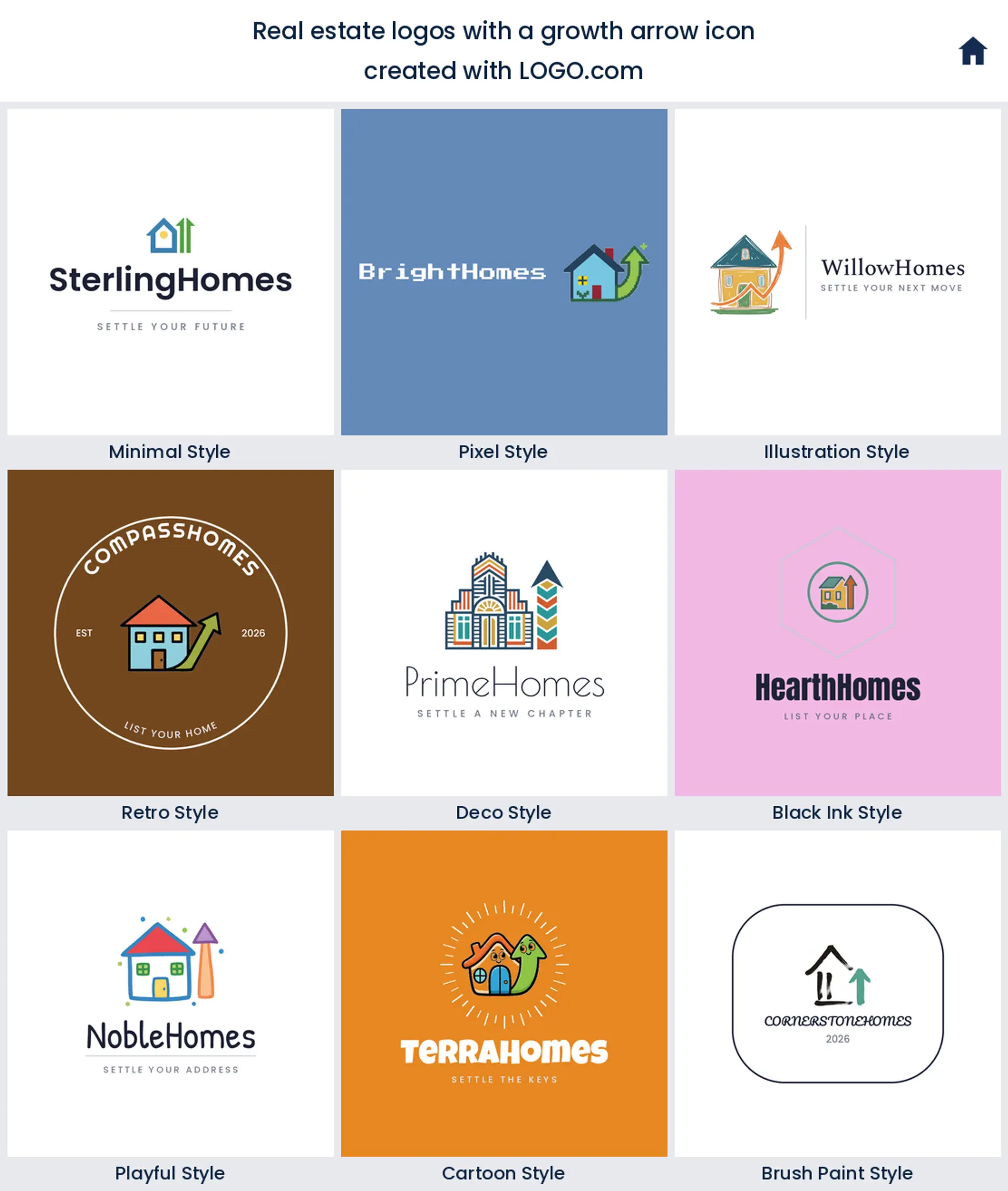 Growth arrow real estate logo shown in nine LOGO.com styles