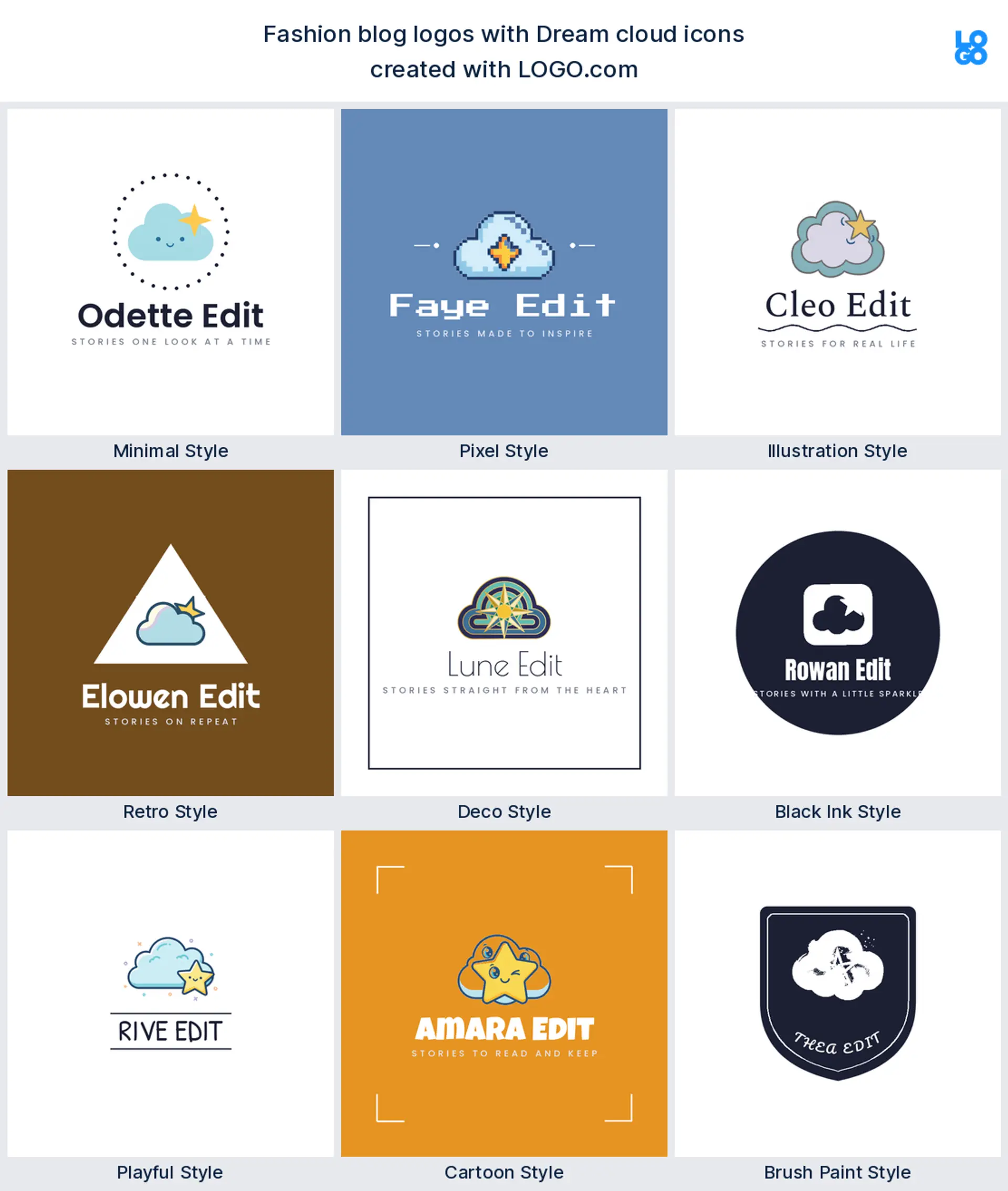 The dream cloud icon shown as a blog logo across nine LOGO.com styles
