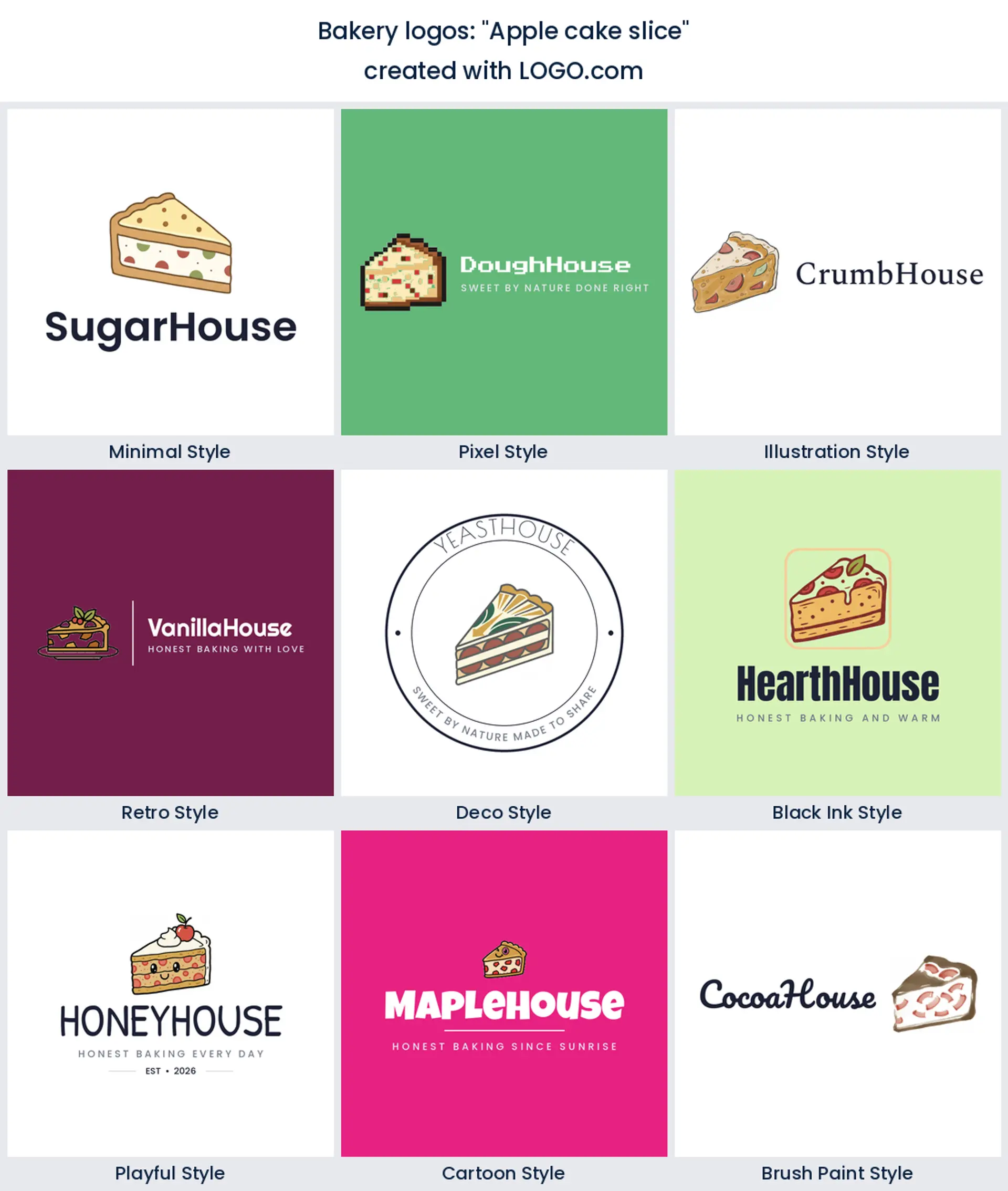 Apple cake slice bakery logo in nine styles.