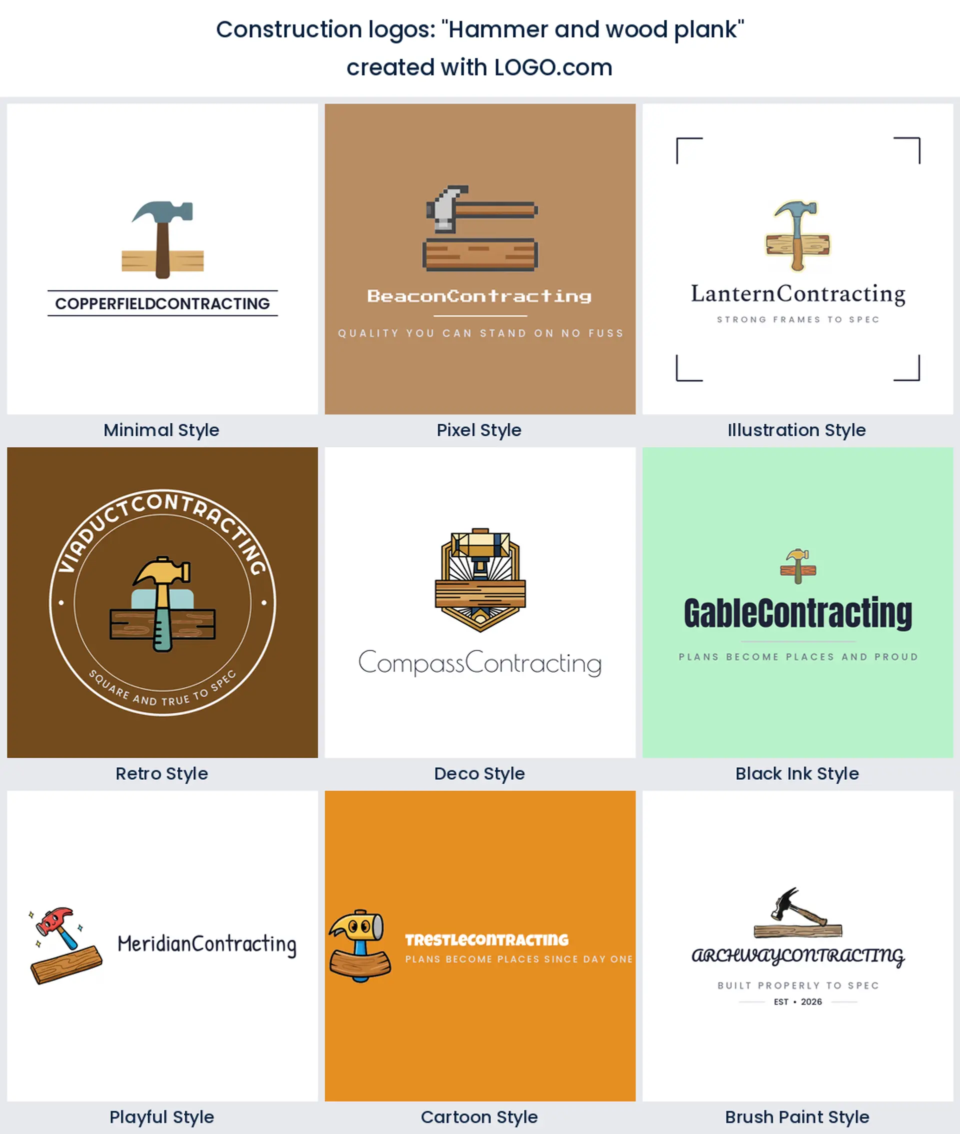 Hammer and wood plank construction logo idea, shown in nine LOGO.com styles