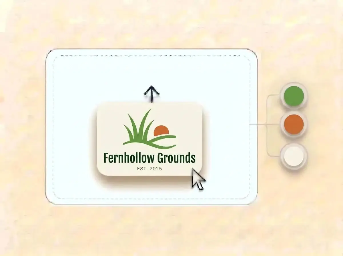 Fernhollow Grounds logo, three grass blades over a rolling lawn with a burnt orange sun on an off white card, dropped into the LOGO.com upload box with its colors split into swatches