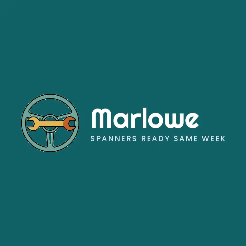 Retro badge logo combining a steering wheel and a wrench