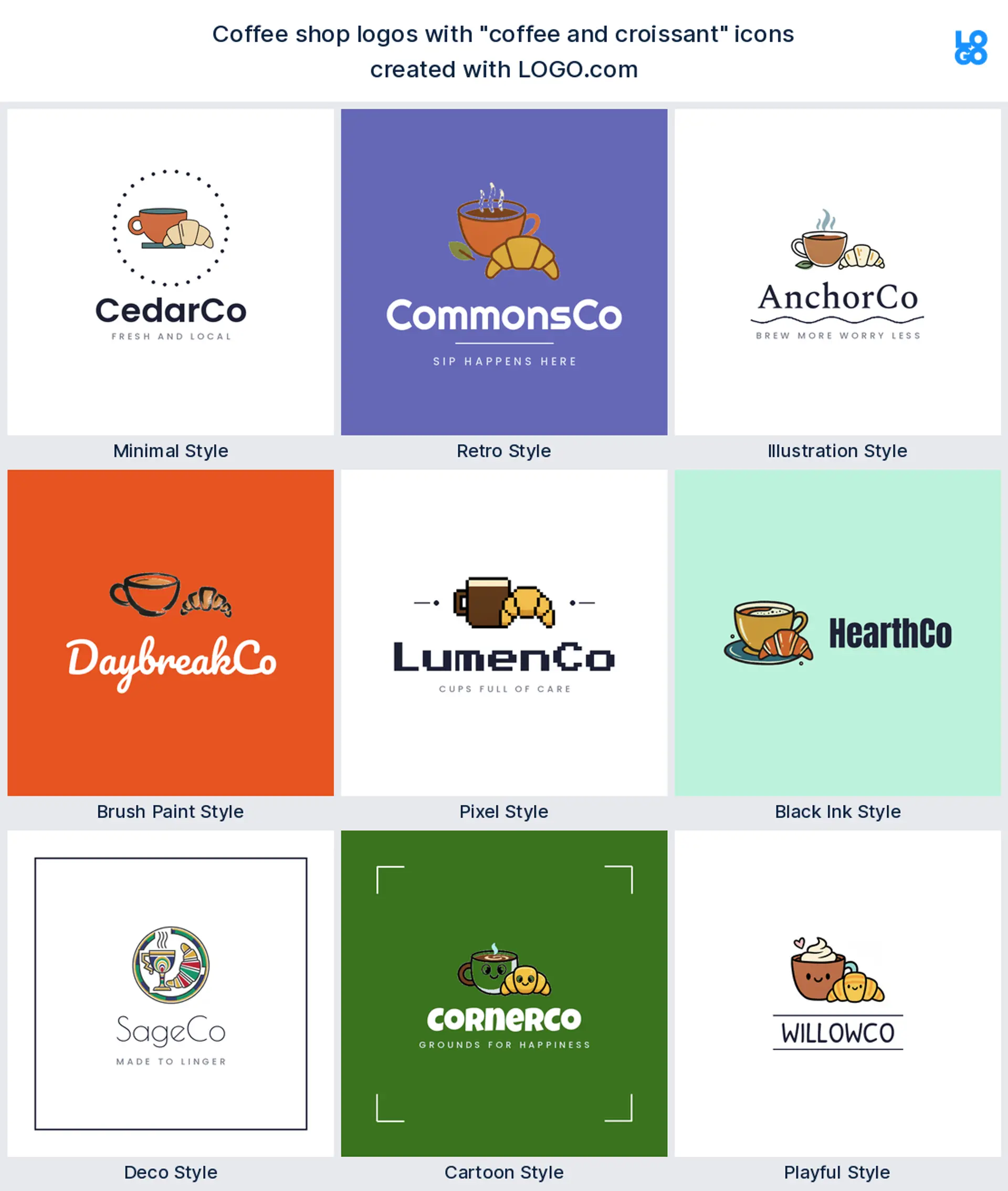 Coffee and croissant logo shown in nine LOGO.com styles