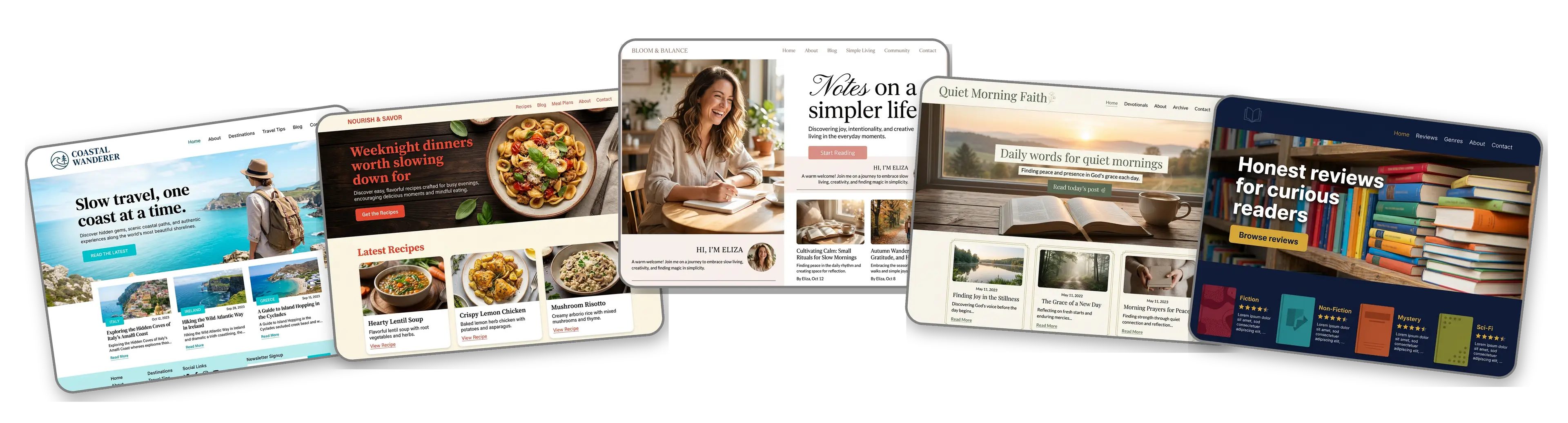 Five blog websites built with LOGO.com from a logo upload: a travel blog, a recipe blog, a personal lifestyle blog, a faith blog and a book review blog