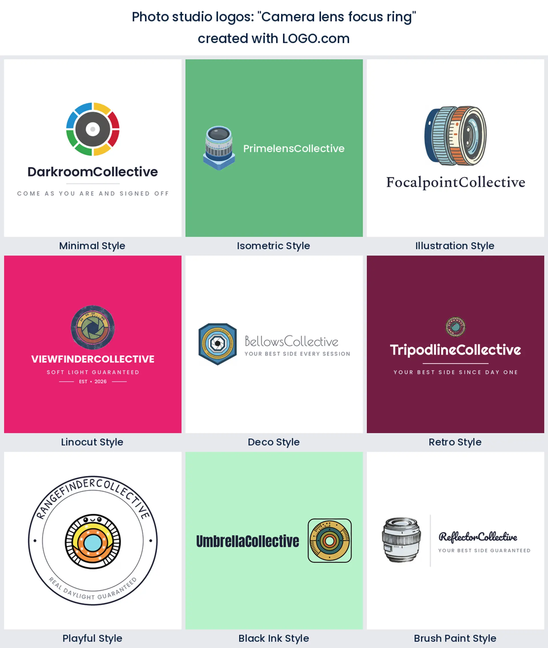 Photo studio logos from the prompt camera lens focus ring in nine styles