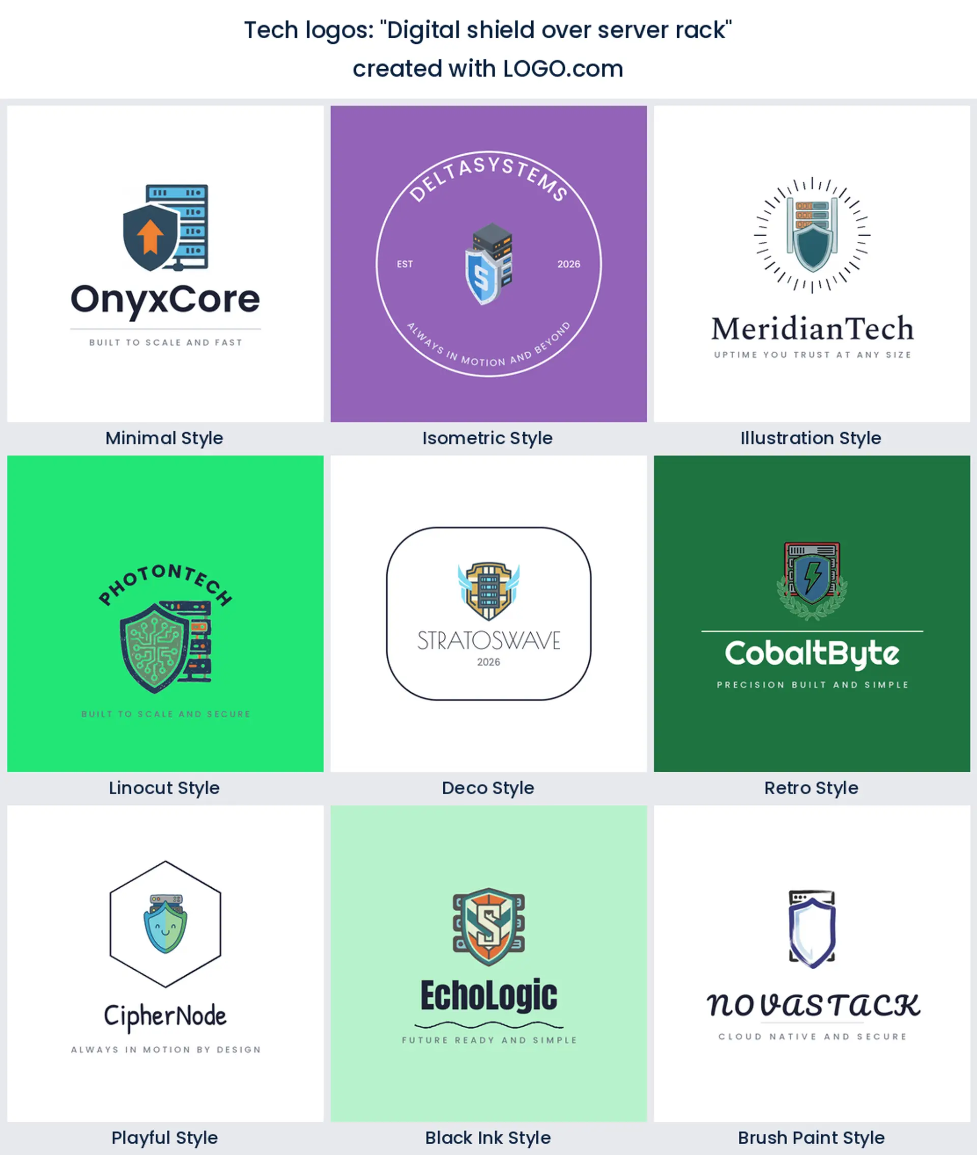 Digital shield over a server rack tech logo in nine styles.
