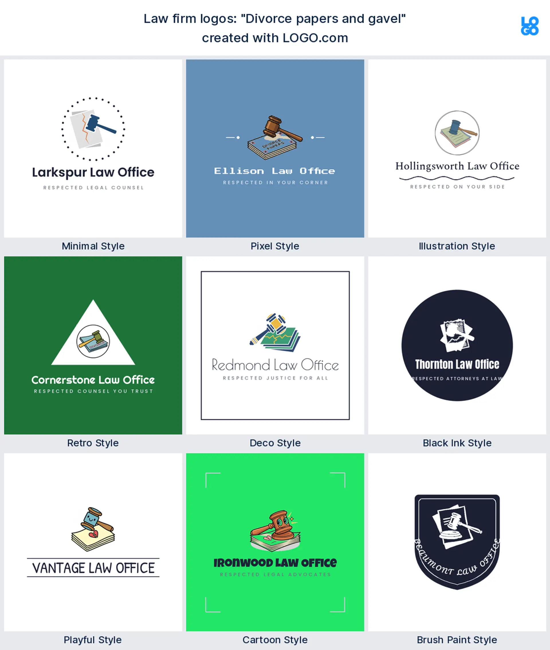 The "Divorce papers and gavel" legal logo idea, shown across nine styles on LOGO.com
