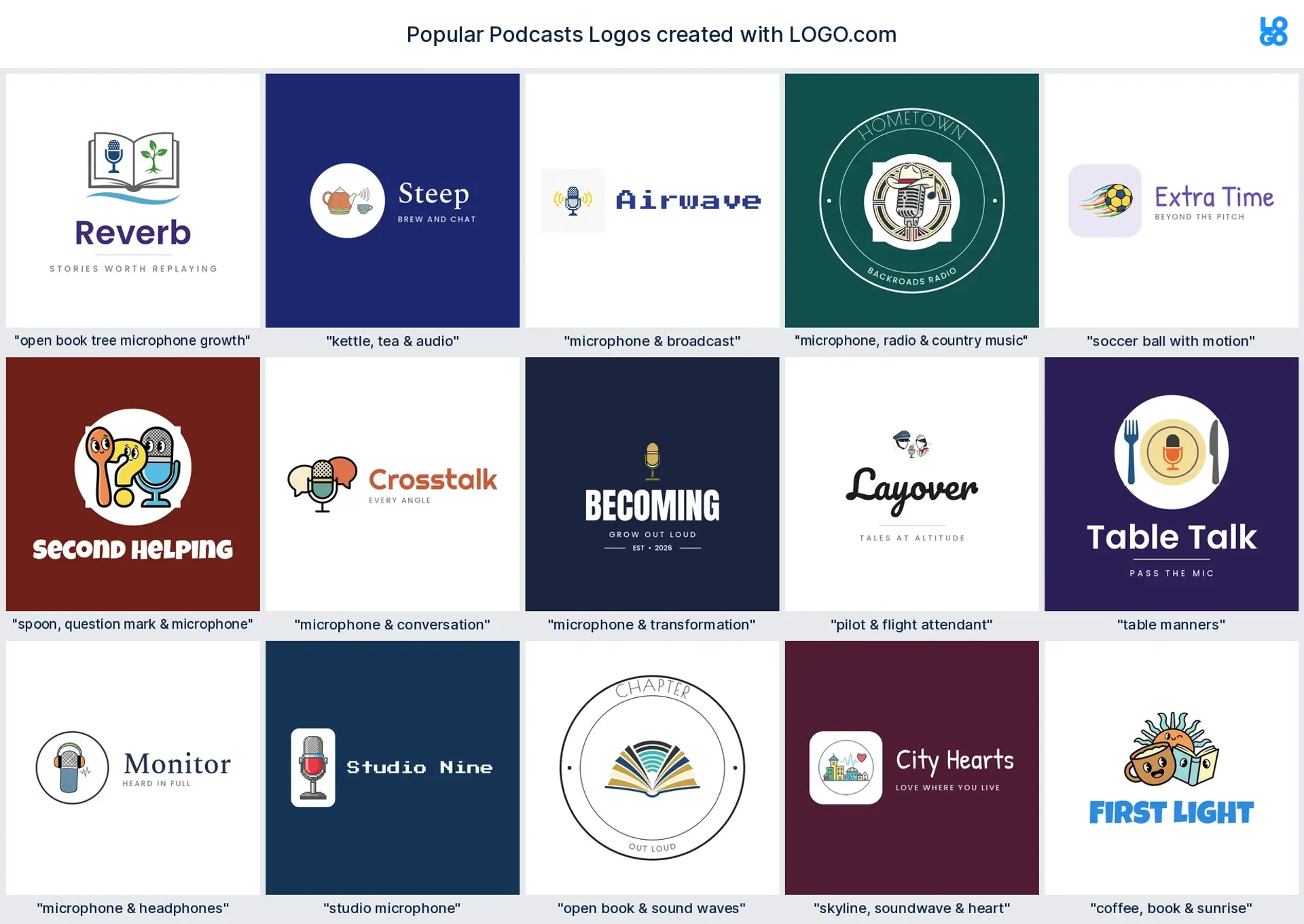 Fifteen podcast logo ideas shown across nine LOGO.com styles