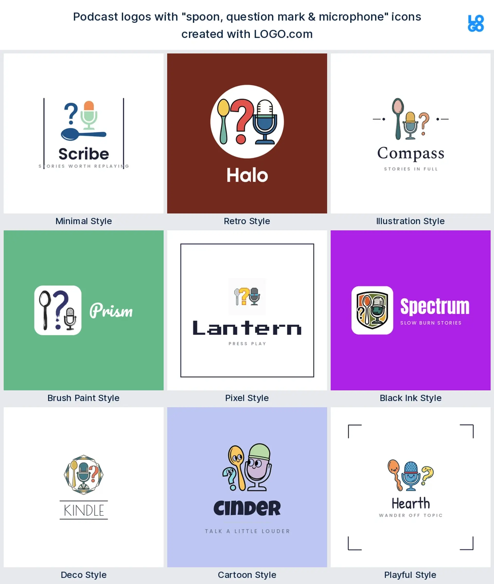 Spoon, question mark and microphone podcast logo shown in nine LOGO.com styles