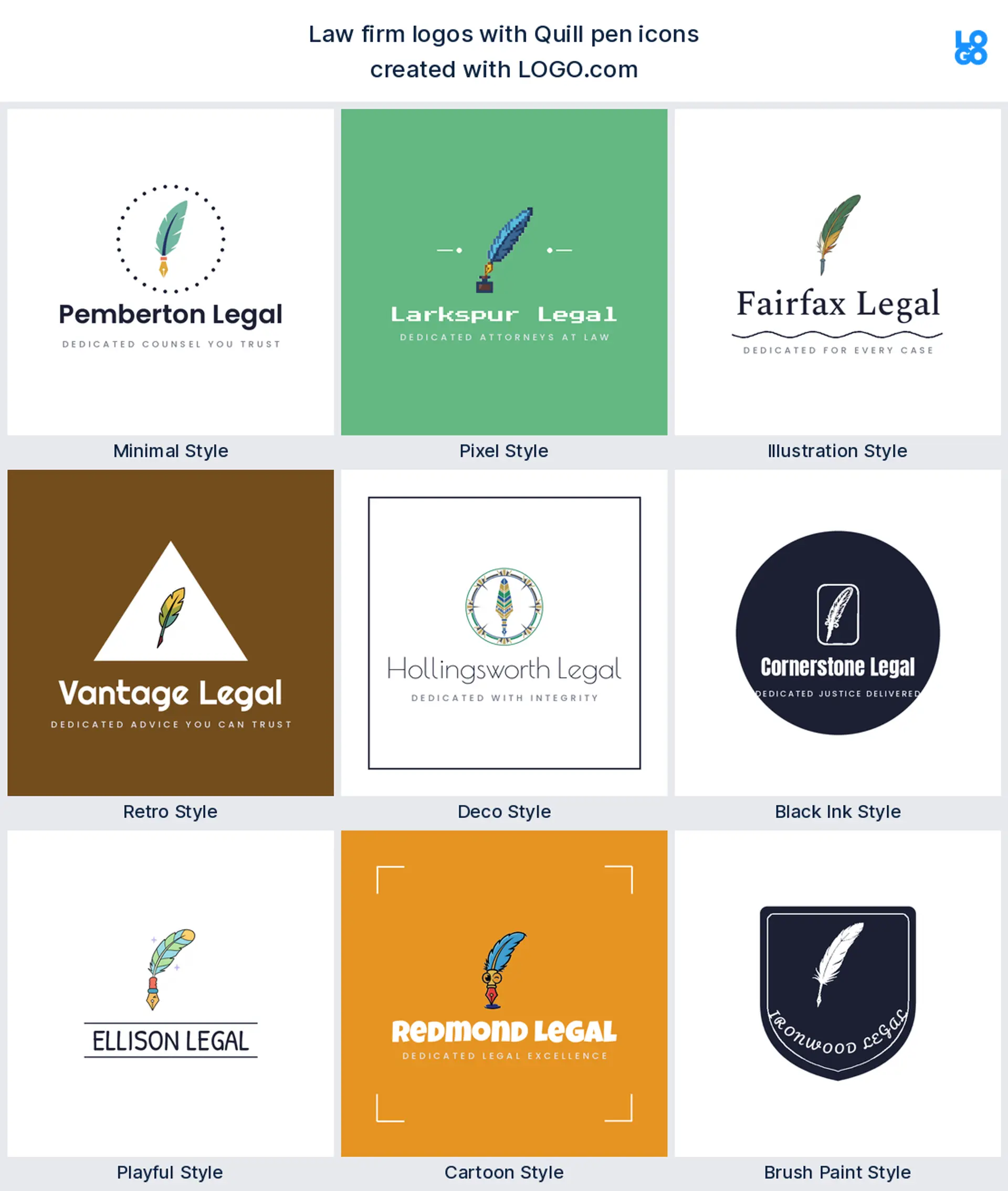 Quill pen, a popular legal logo symbol, shown across nine styles on LOGO.com