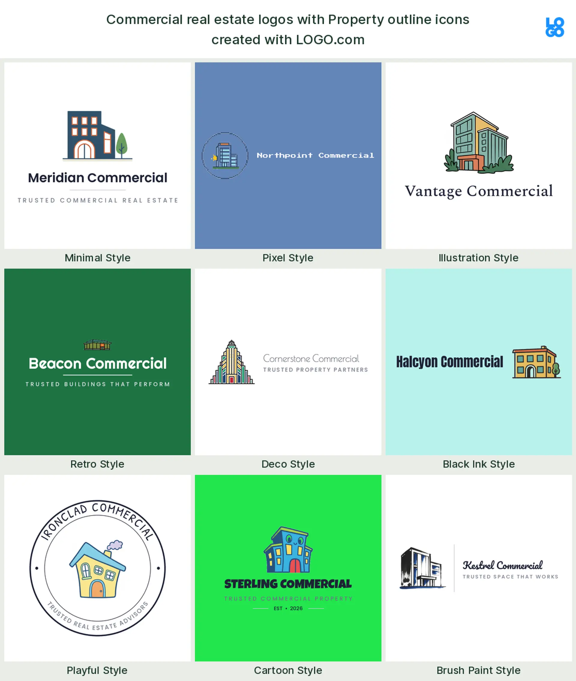 A property outline, a popular commercial real estate logo symbol, shown across nine styles on LOGO.com