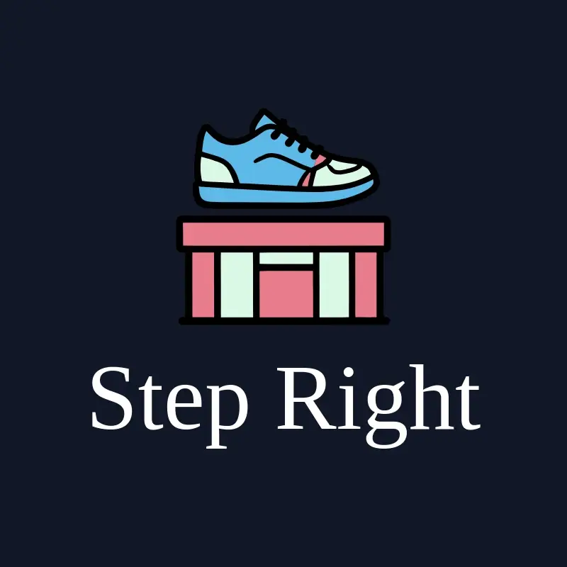 The shoe store name Step Right as a branded logo with a color icon