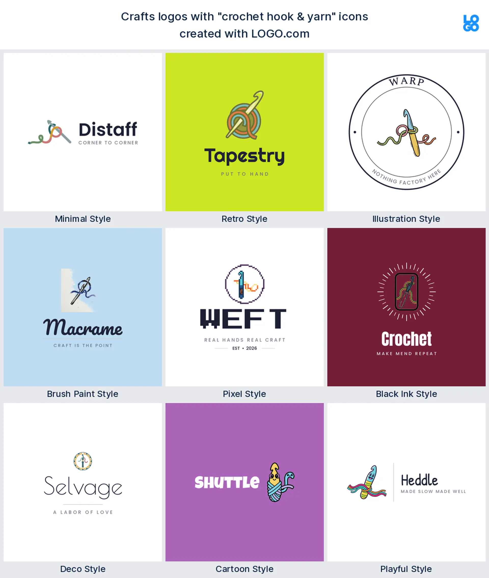 Crochet hook and yarn craft logo shown in nine LOGO.com styles