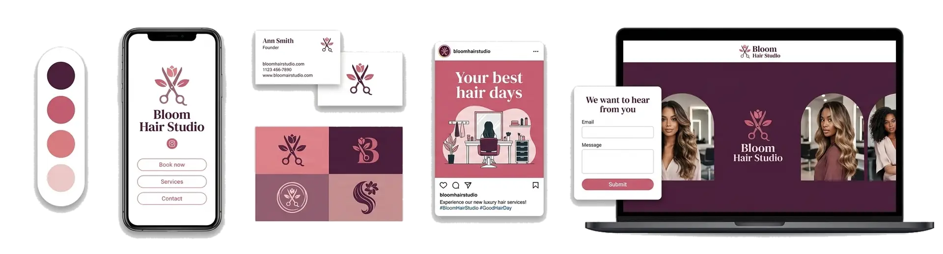 A hair salon logo maker showing a salon brand across a window, a price list, and social media