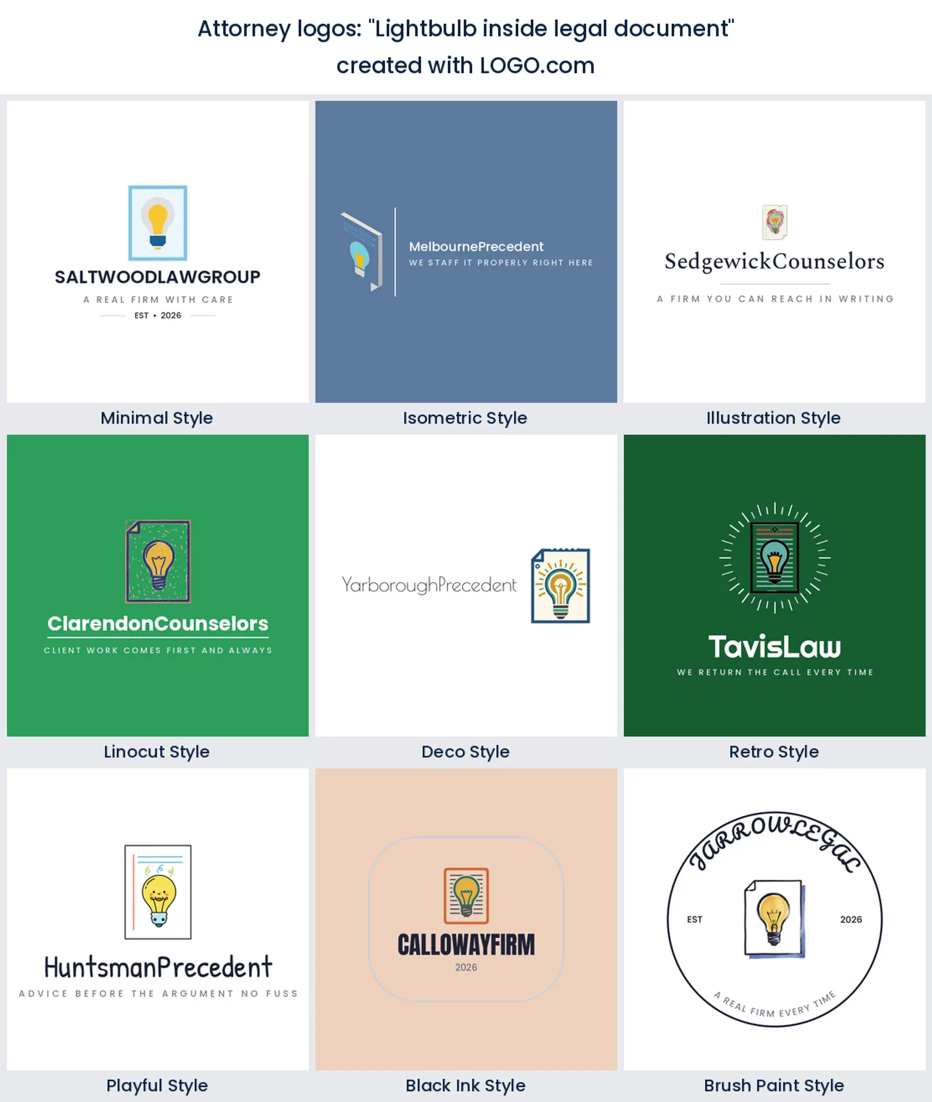 Nine styles of attorney logo with a light bulb drawn inside a sheet of legal paper