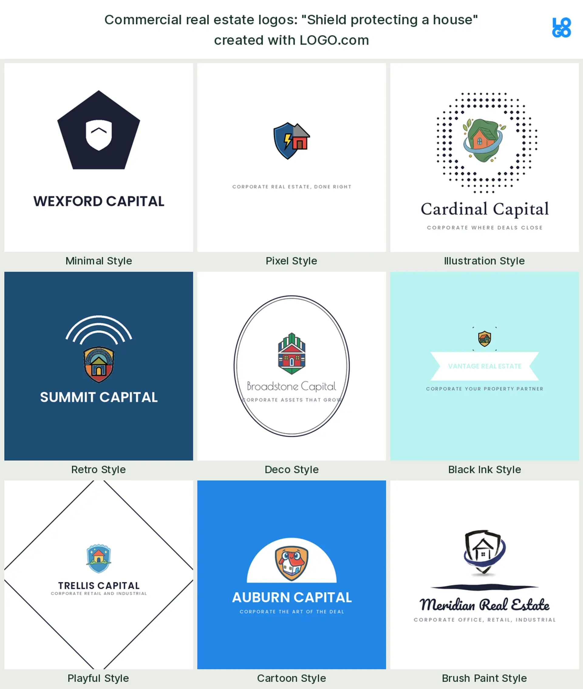 The "Shield protecting a house" commercial real estate logo idea, shown across nine styles on LOGO.com
