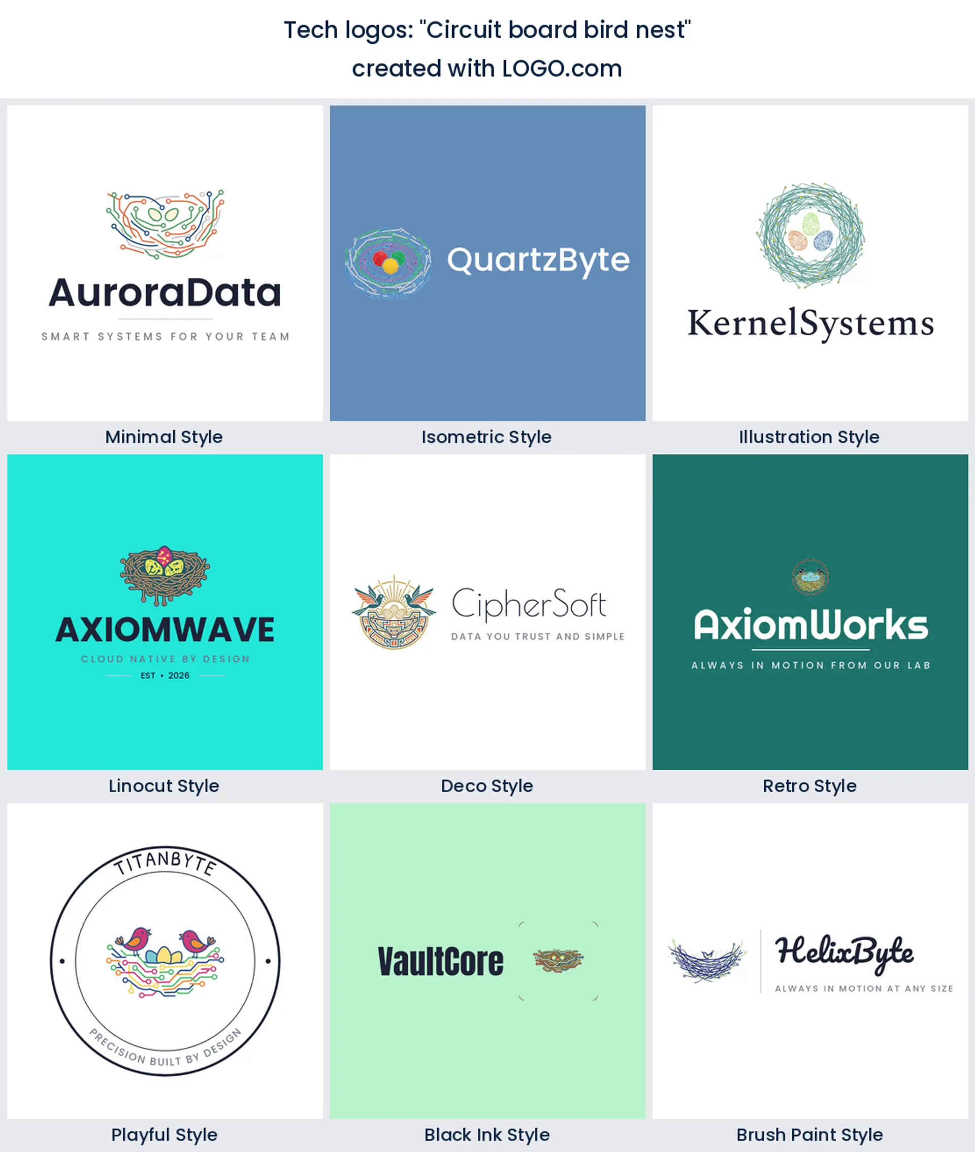Circuit board bird nest tech logo in nine styles.
