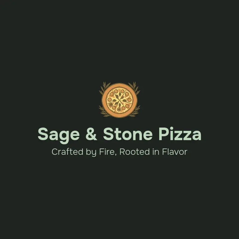 The pizza shop name Sage & Stone Pizza as a branded logo with a color icon