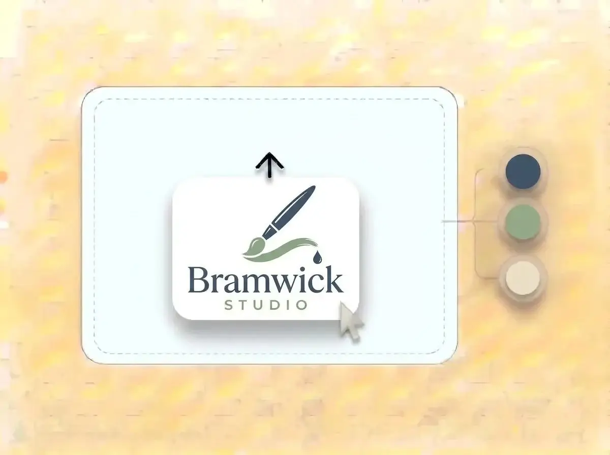 Bramwick Studio logo, a slate blue paintbrush leaving a curved sage green stroke, on a white card dropped into the LOGO.com upload box with its colors pulled out as swatches