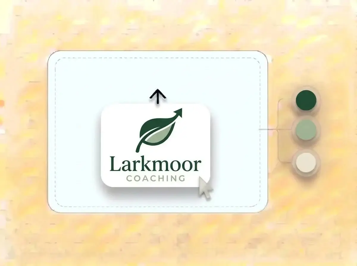 Larkmoor Coaching logo, a forest green leaf whose stem turns into an upward arrow, on a white card dropped into the LOGO.com upload box with its colors pulled out as swatches