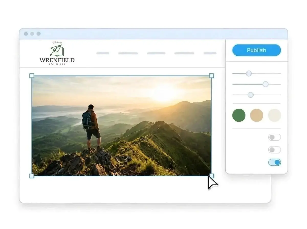 Editing the Wrenfield Journal website with a photo of a hiker on a misty ridge selected, the style panel open and the Publish button ready