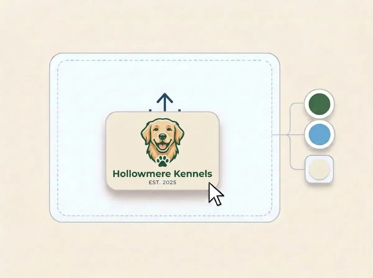 Hollowmere Kennels logo, a friendly retriever head above a paw print in pine green and sky blue, dropped into the LOGO.com upload box with its colors picked out