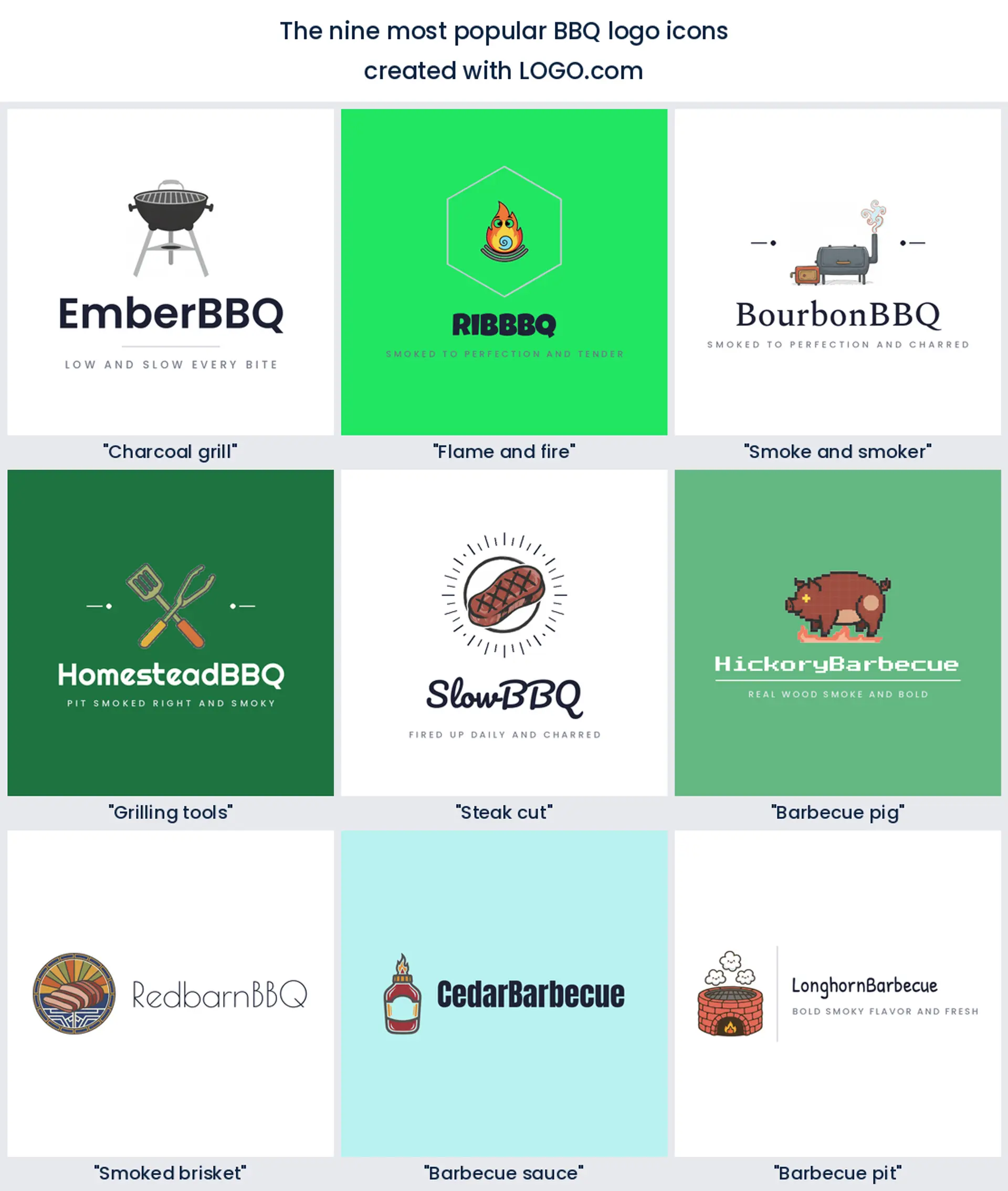 The nine most popular bbq logo icons on LOGO.com, shown in colored styles.