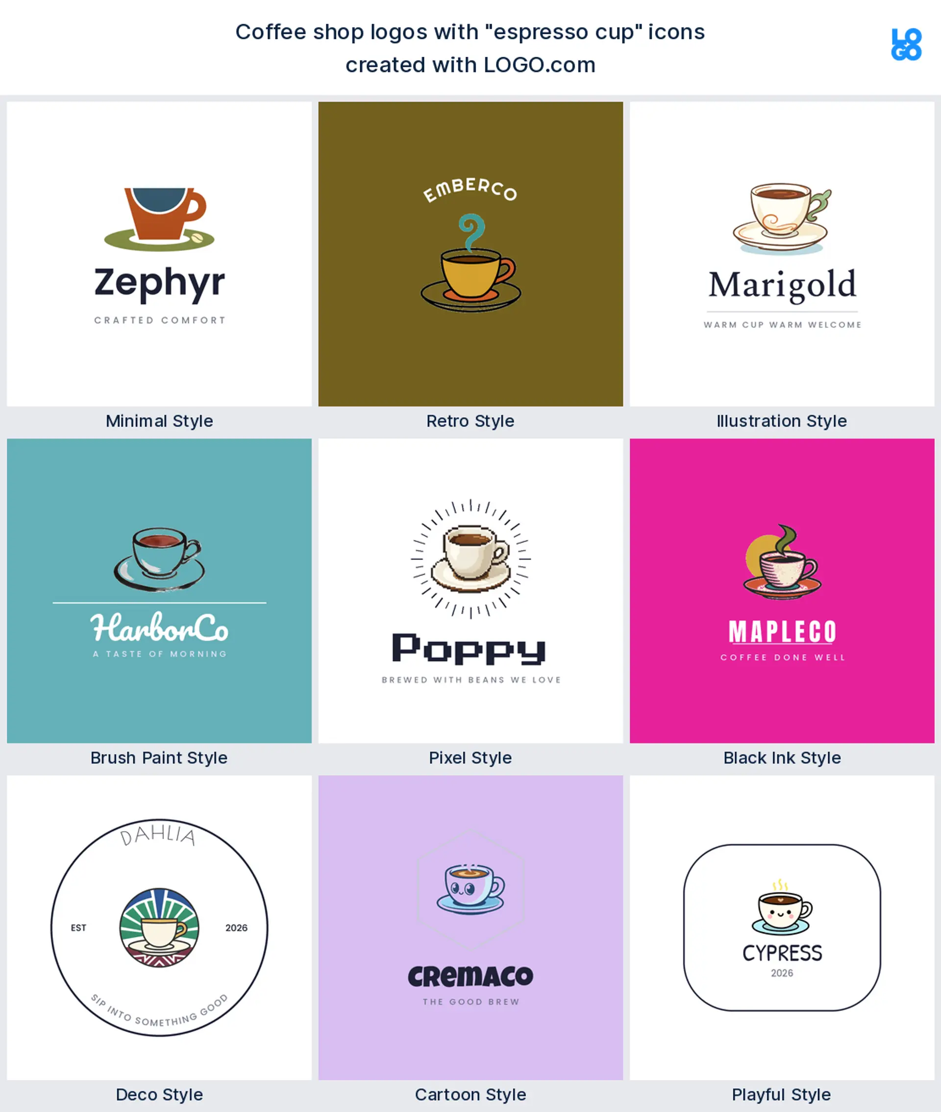 Espresso cup logo shown in nine LOGO.com styles